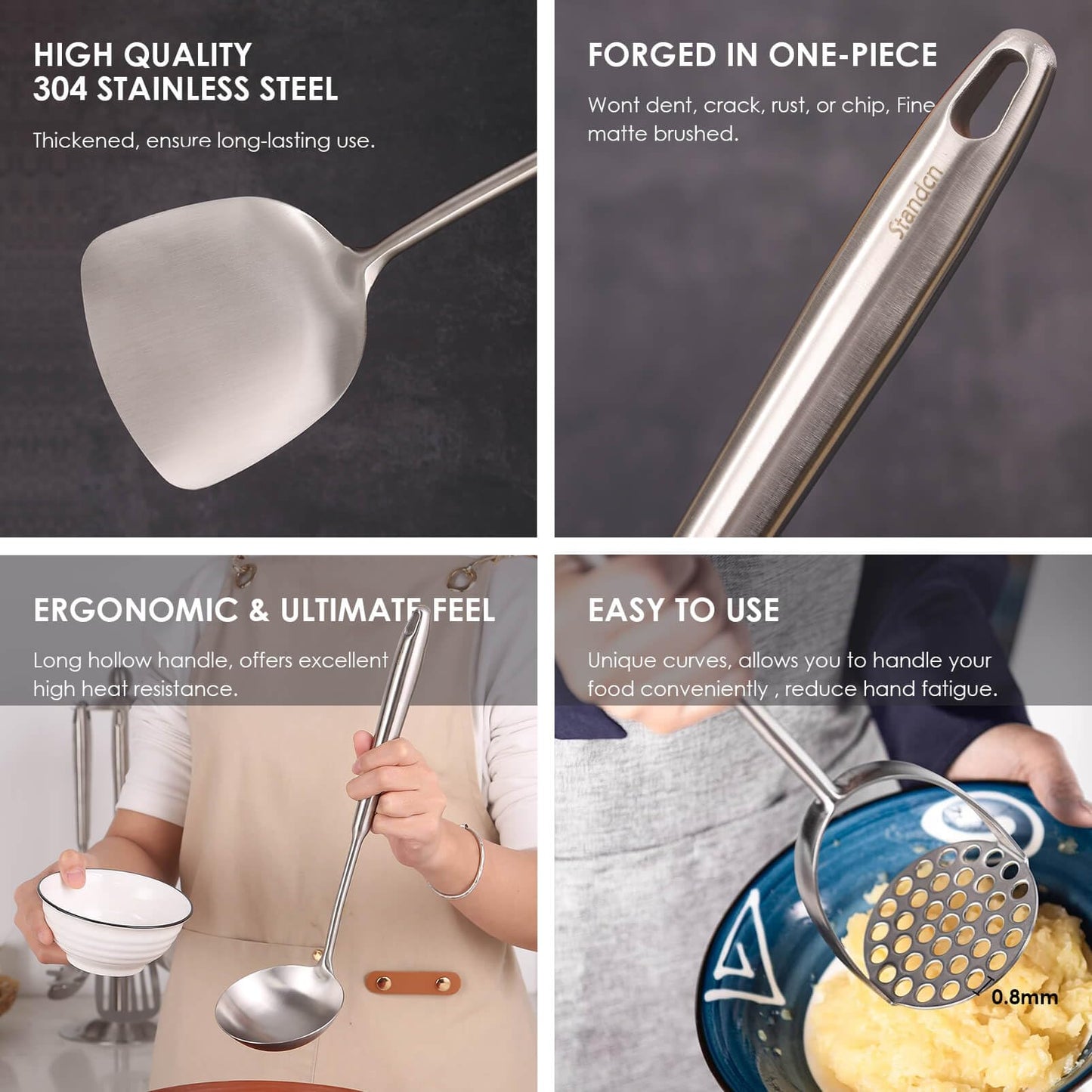 304 Stainless Steel Kitchen Utensils Set - 12 PCS Long All Metal Cooking Utensils & Large Serving Utensils - Potato Masher, Fork, Tongs, Tunner, Pasta, Serving Spoon, Skimmer, Ladle, Spatula Spoon Set