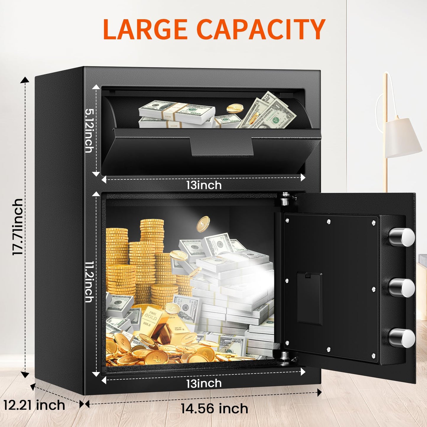 2.2 Cuft Depository Safe for Business with Quick Place Drop Slot, Cash Drop Safes with Digital Combination LCD Display and Anti-Fishing, Security Drop Safe for Cash, Mail, Checks, Document