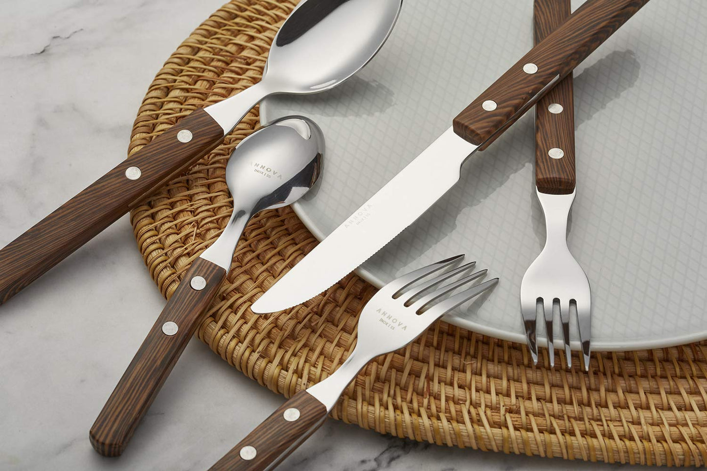 ANNOVA Silverware Set Stainless Steel Cutlery Color Handle With Rivet/Retro Flatware (Walnut/Wood 303, 20 Pieces)