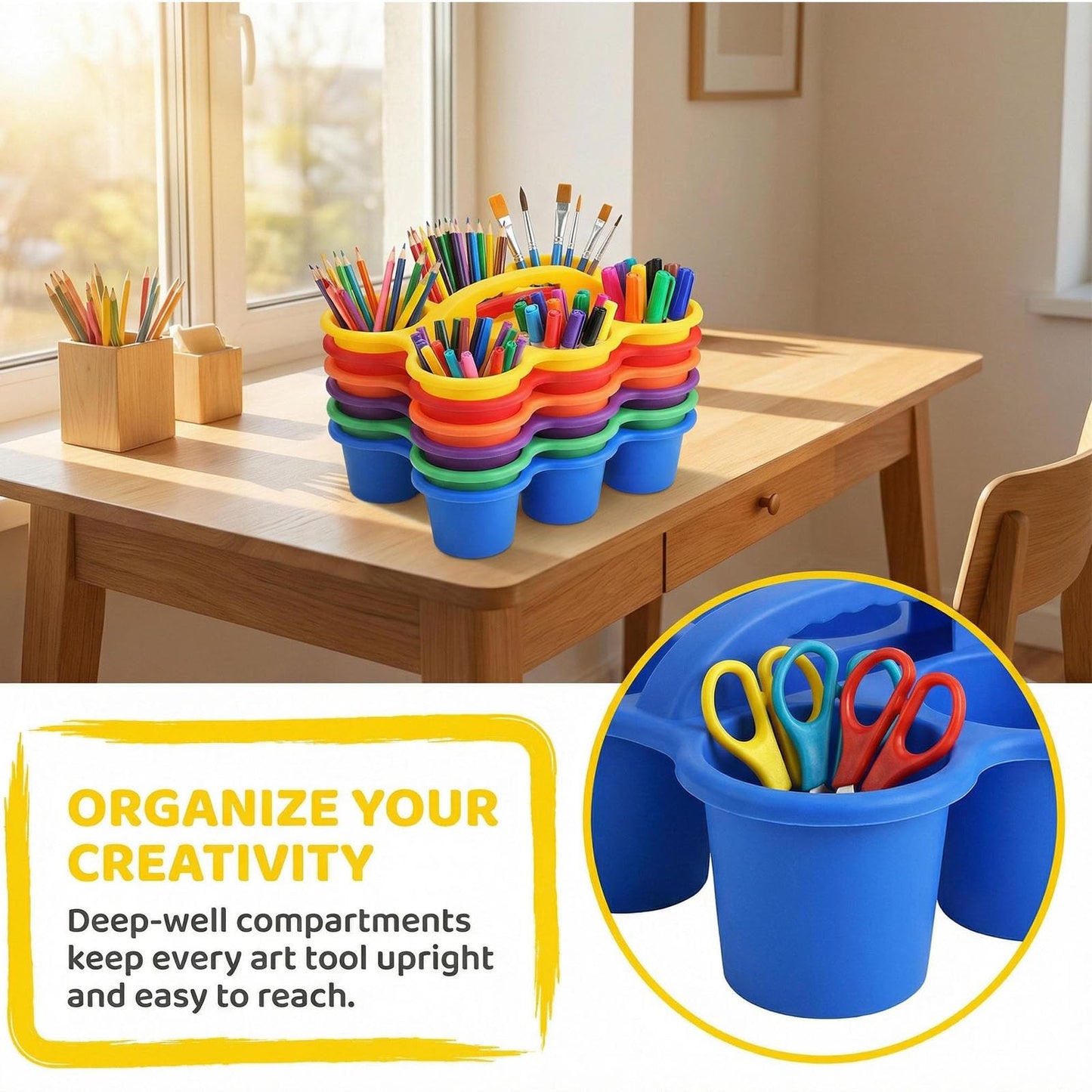 SSATISCN Multicolor Pencil Holders for Desk, 6-Cup Classroom Caddy with Handles, Durable Art Supply Organizer for School Office Home (Set of 6)