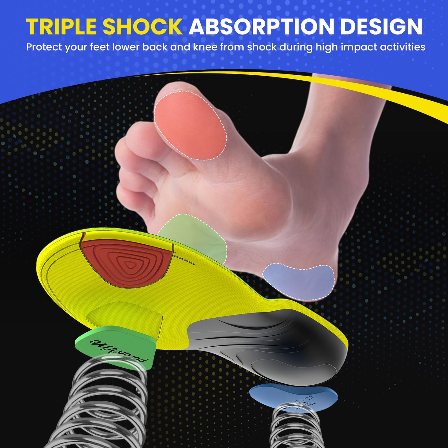 Welnove Plantar Fasciitis Insoles – Sport Arch Support Insoles for Running, Hiking & Standing All Day – Shock Absorption, Heel Pain Relief Heel Spur Insert for Sneakers & Boots(Black,XL)