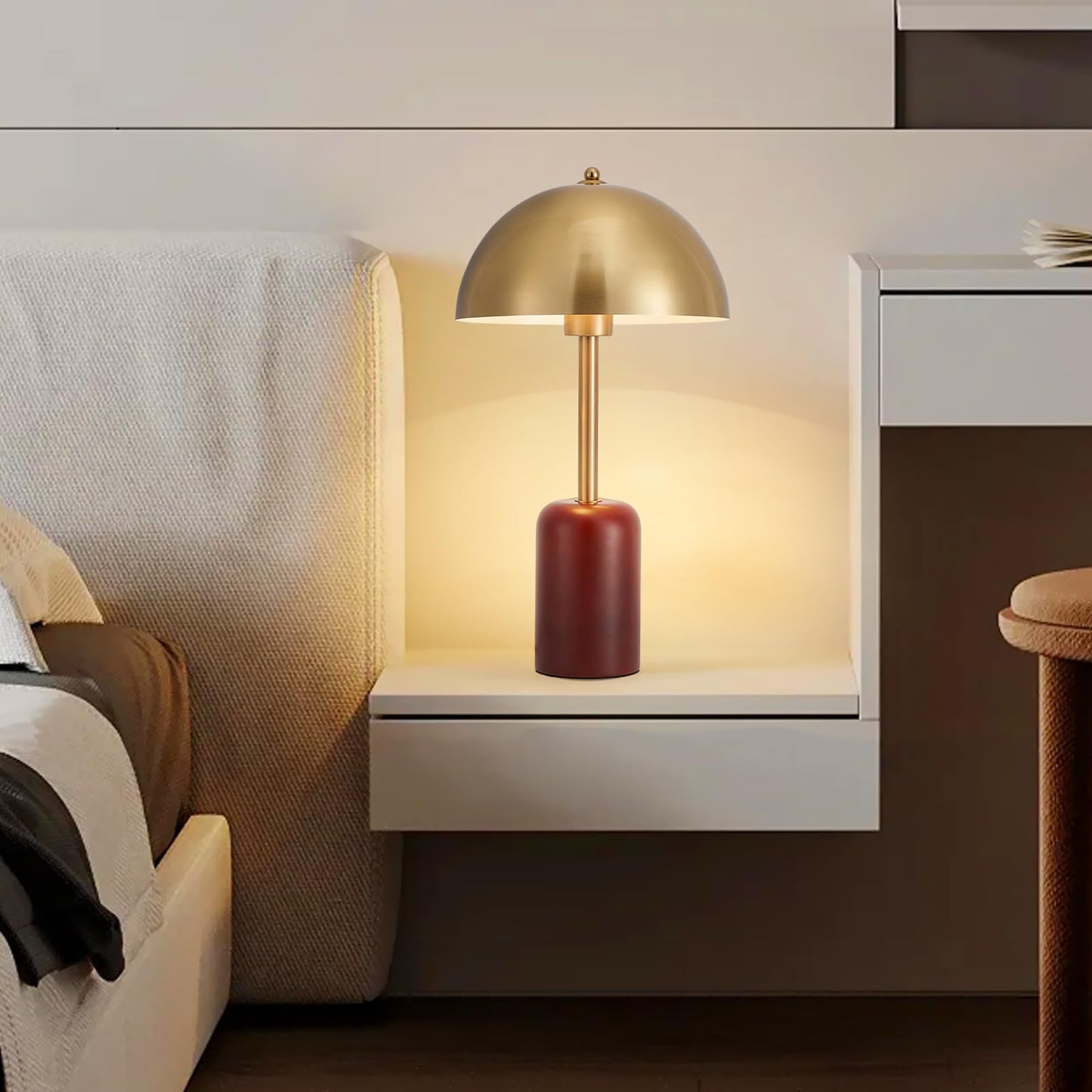 NUSRAN Bedside Table Lamp for Bedroom, Modern Plug in Brass Gold Shade & Cylindrical Wood Base Desk Lamp, Plug & Play Nightstand Lamp with Switch Power Cord for Living Room, Office 【Bulb Included】
