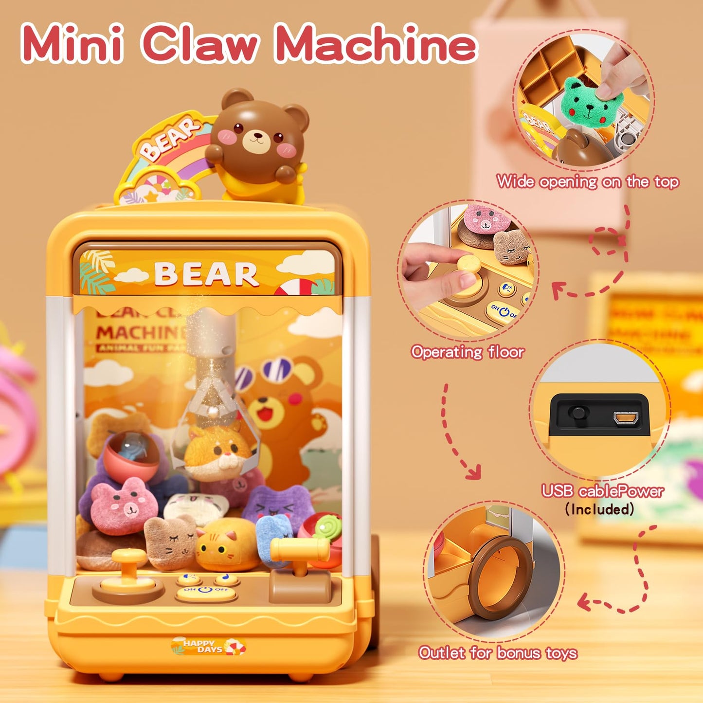 AIQI Bear Kids Claw Machine, Mini Candy Vending Grabber, Prize Dispenser Toys for Girls and Boys, Electronic Claw Game Machine for Party Birthdays with Lights Sound, Includes 10 Plush and 10 Mini Toys