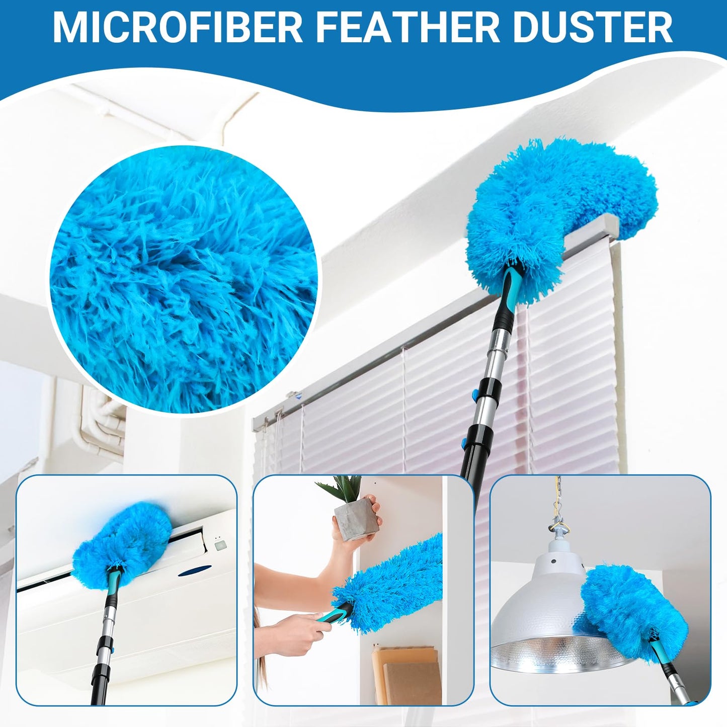 20FT High Ceiling Fan Duster with 5-12FT Extension Pole, Extendable Reusable Cobweb and Bendable Feather Duster Kit for Cleaning Spiderweb and Dust