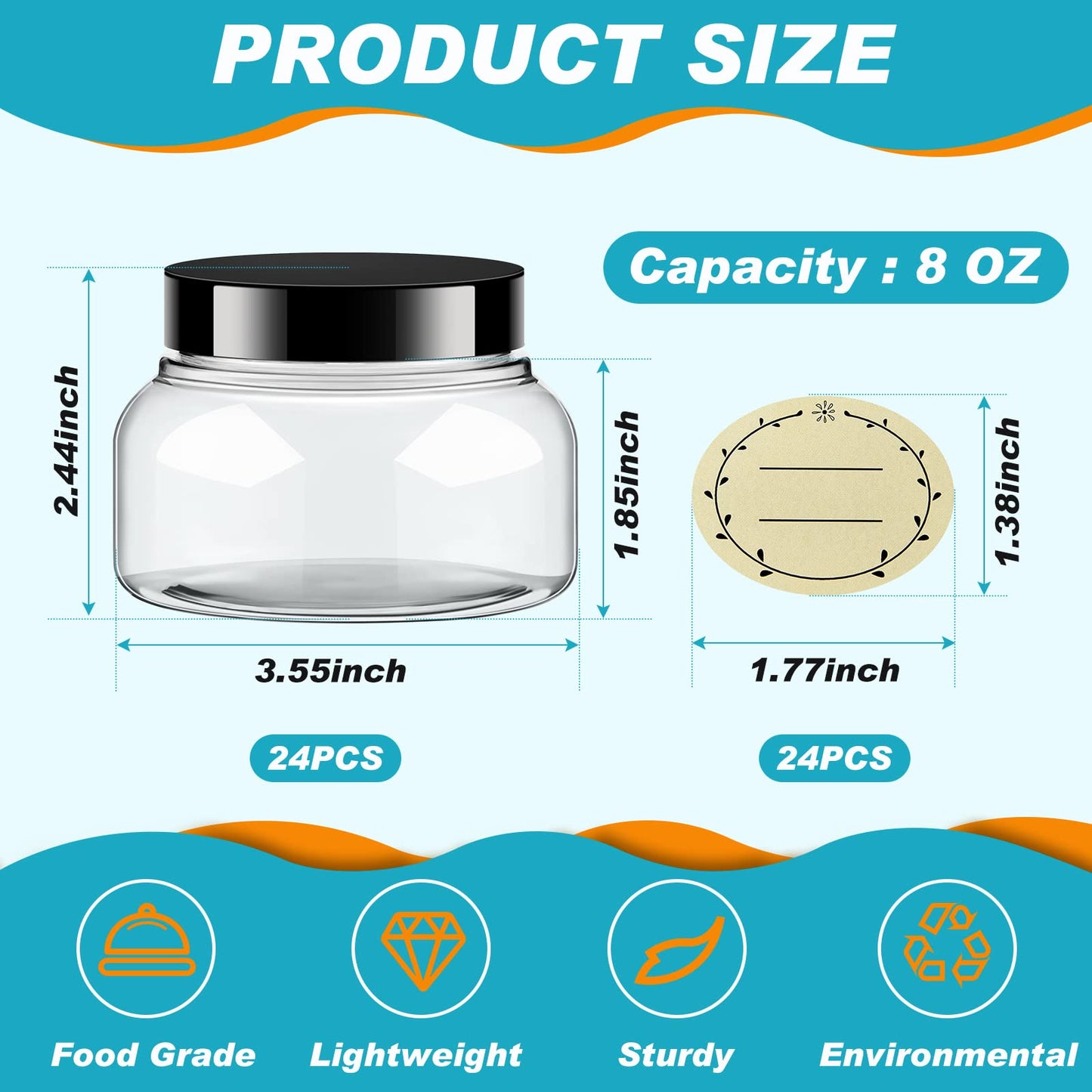 Tessco 24 Pack Plastic Jars with Lids Labels Empty Clear Plastic Jars Round Refillable Cosmetic Containers Body Butter Containers Bulk Sugar Scrub Bottle for Make Up(8 oz,Clear)