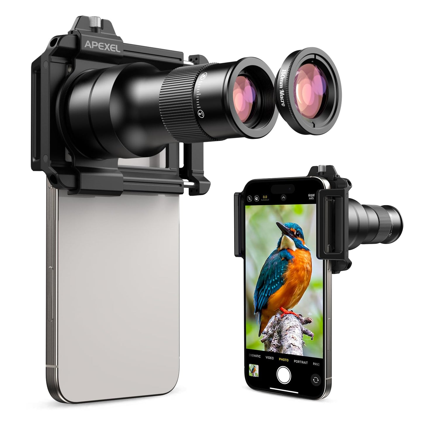 APEXEL 6X Telephoto Lens & 150mm Macro Lens, 2-in-1 Aluminum Phone Camera Lens Kit with Universal Clip. Phone Lens Attachment Fit for iPhone 16/15/14/13, Samsung, Android Phone and Most Smartphone.