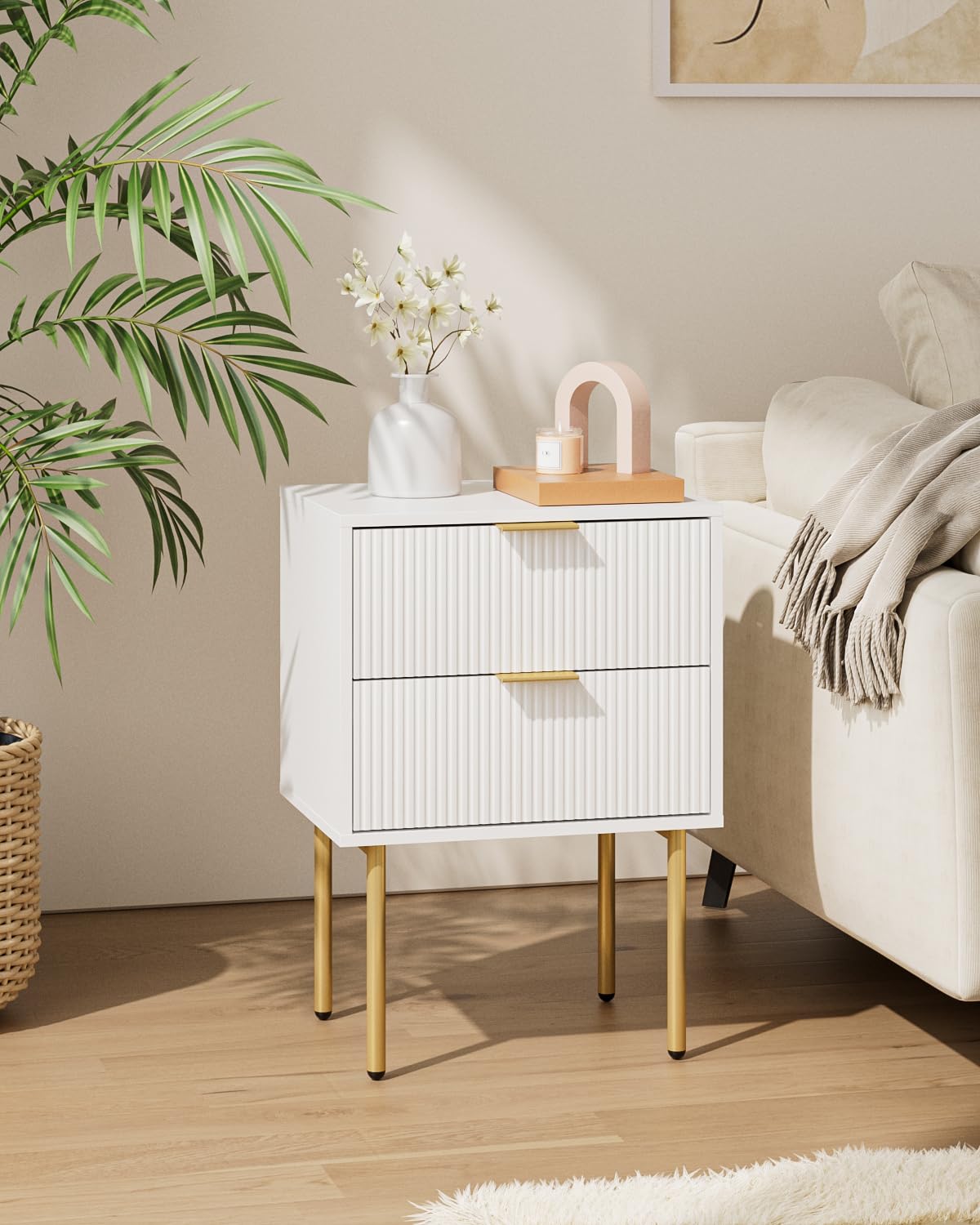 Aienvey Night Stand, Modern Nightstand with Drawers, Bedside Table, Gold Small Side Table for Bedroom, Living Room End Table (White Stripe, 2 Drawers)