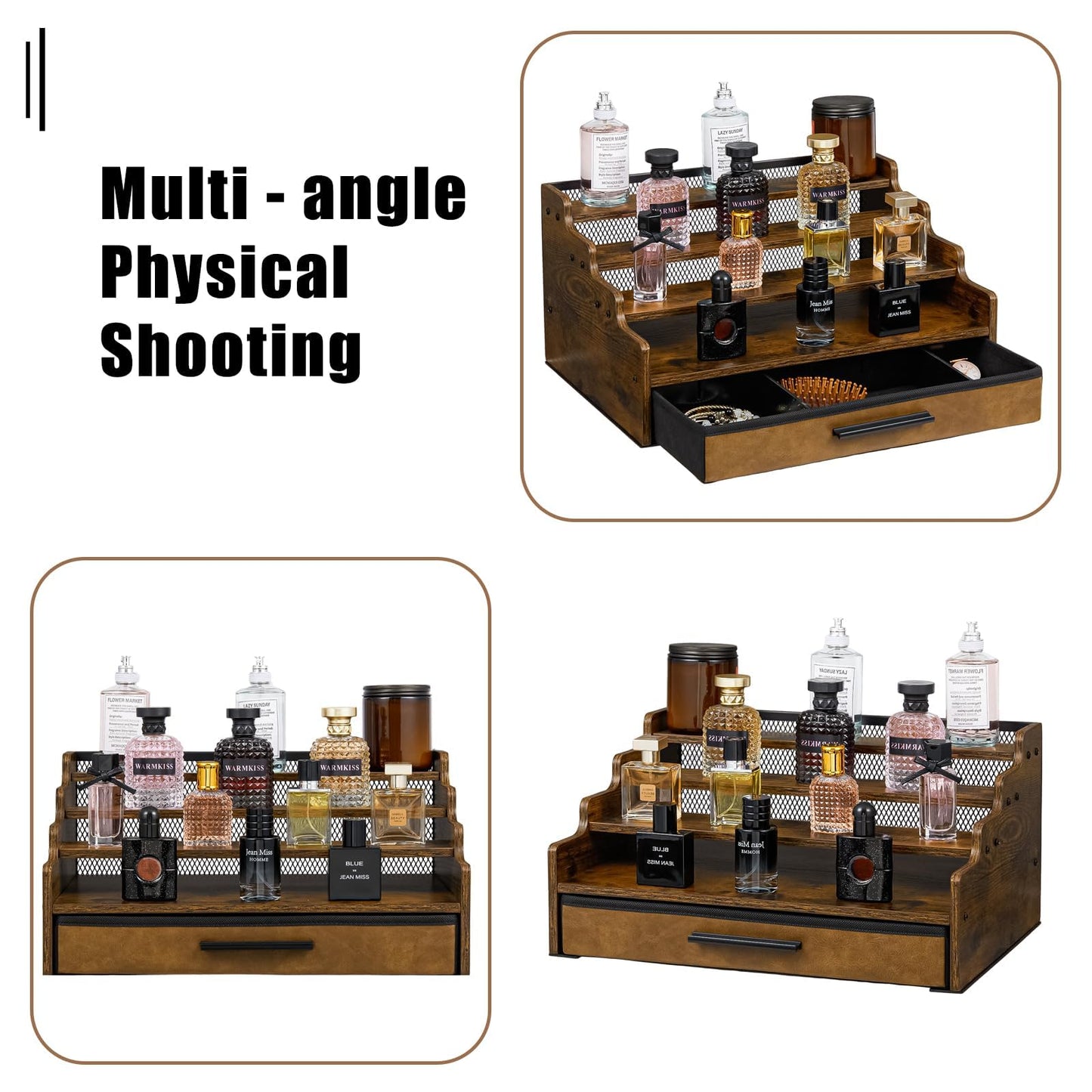 4 Tier Cologne Organizer for Men, Wooden Perfume Organizer with Drawer Storage, Perfume Display Shelf for Cologne, Watch, Grooming and Figures, Perfect Birthday/Easter Gift for Lovers & Fathers