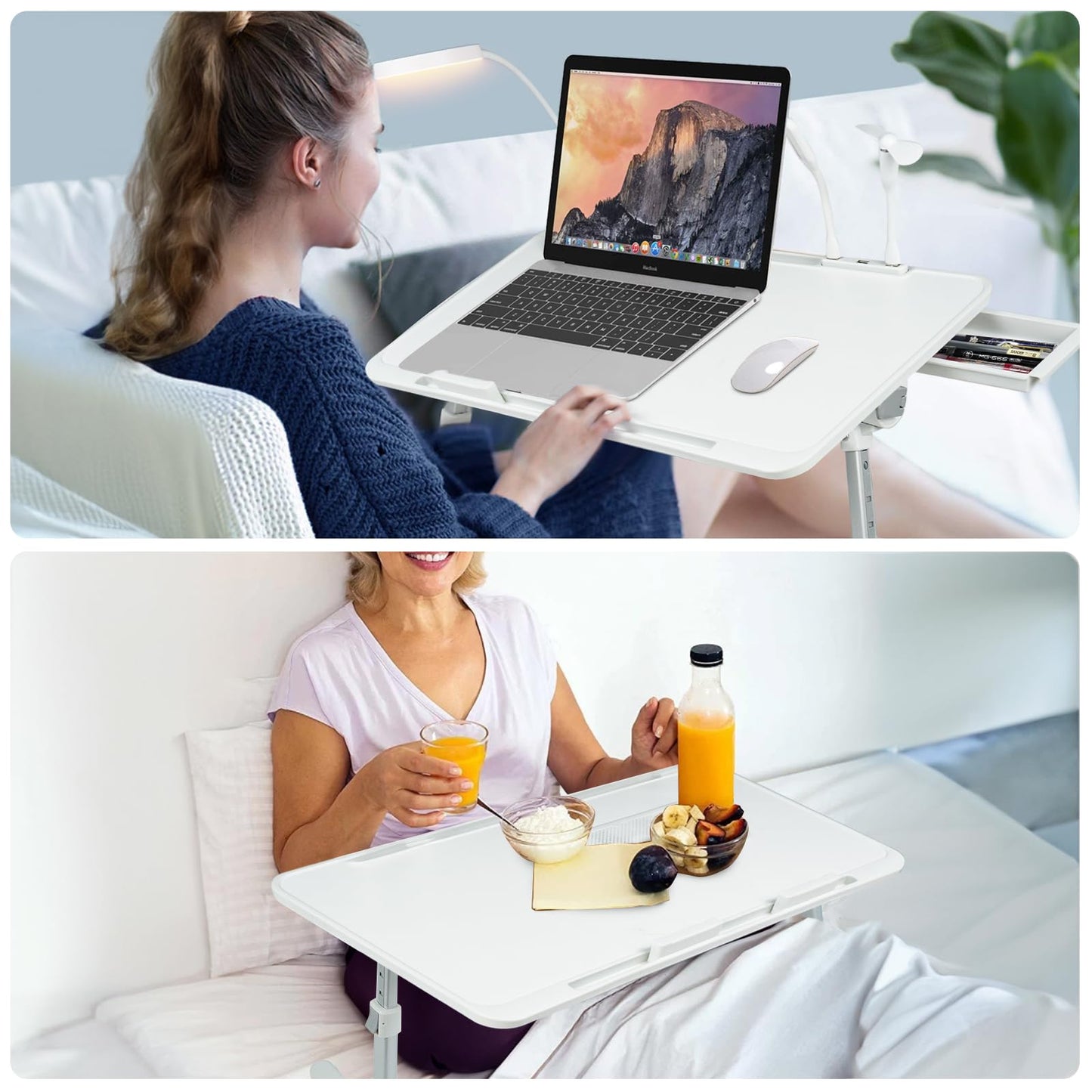 Laptop Lap Desk with Cooling Fan - Adjustable with Light, USB, Storage Drawer - Folding Bed Desk,22.04"*12.59",Grey