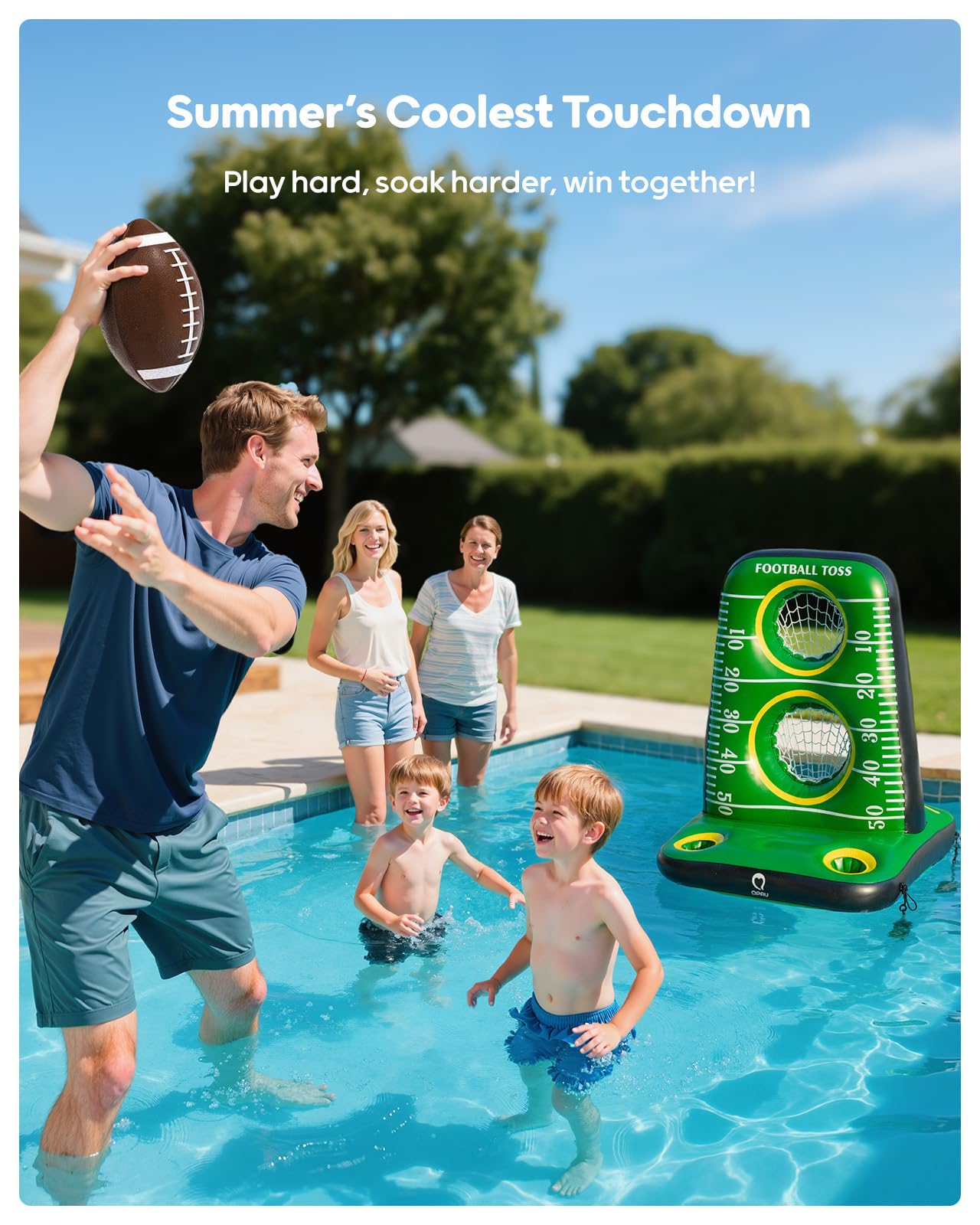 QPAU Inflatable Football Toss Game for Pool – Water Football Target with 4 Balls & 2 Pumps, Dual Net Design, Stable Base, Summer Pool Game for Kids & Adults