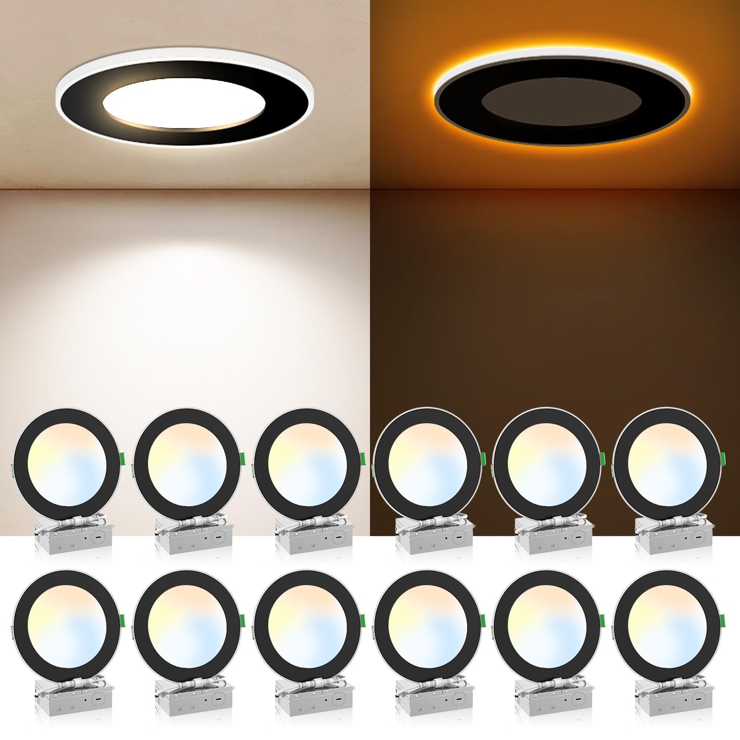 ALUSSO LIGHTING 12 Pack 6 Inch 5CCT Ultra-Thin LED Recessed Ceiling Light with Night Light, 2700K-5000K Selectable, 12W 1100LM Dimmable Canless Wafer Downlight, Damp Rated -ETL&FCC (Black)