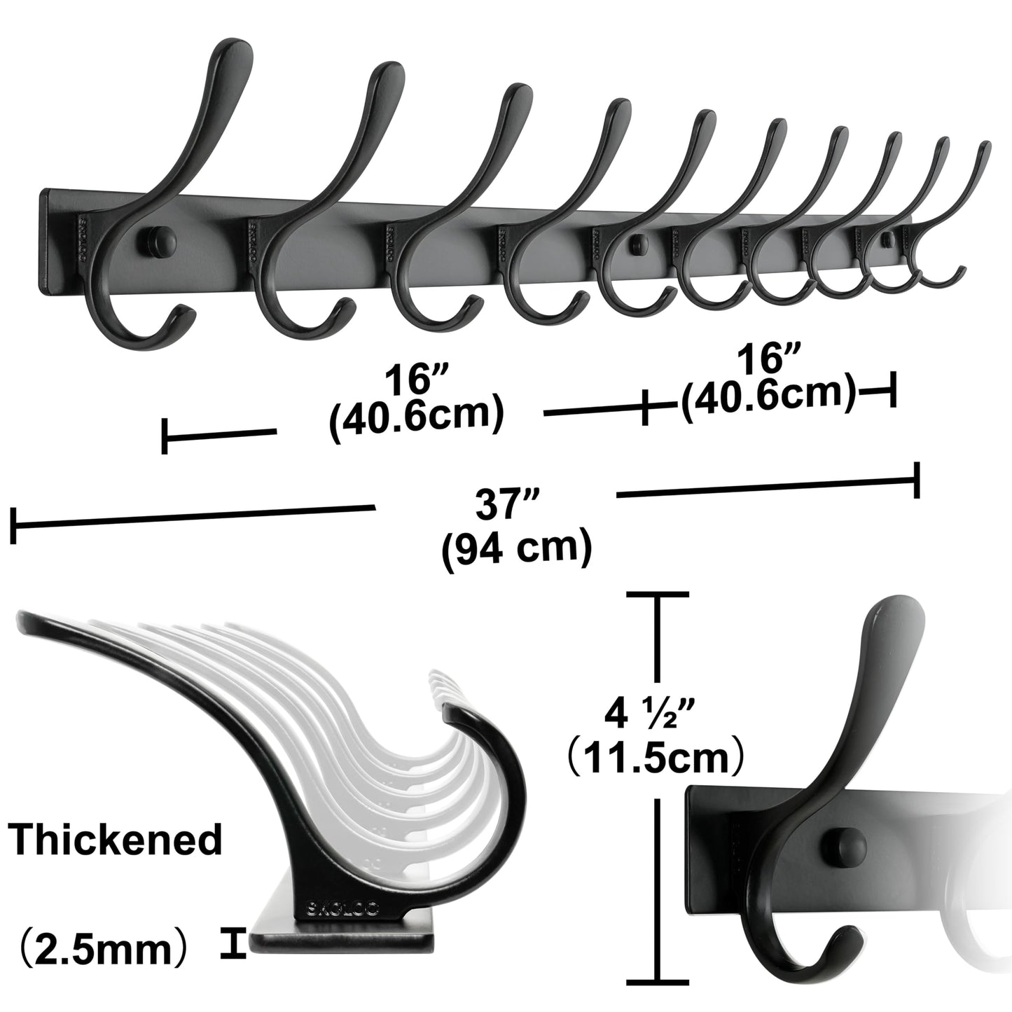 SKOLOO Coat Rack Wall Mounted - 10 Hooks, Heavy Duty, Stainless Steel, Metal Wall Hangers, Sturdy Coat Hooks for Hanging Coats, Jacket, Clothes, Hat, Black
