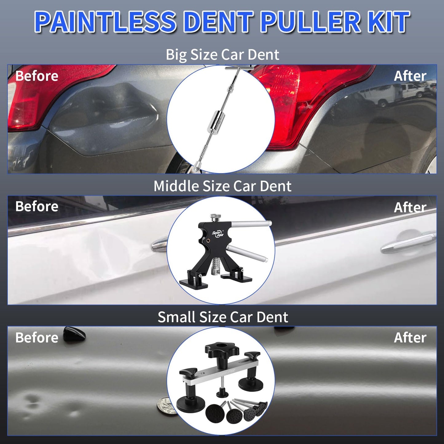 Super PDR Car Dent Repair Kit – Paintless Dent Puller Tool Set with 2 in 1 Slide Hammer, Glue Gun & New GlueTabs – No Paint Damage DIY Dent Remover for Door Dings, Hail, Hood & Fender Dents