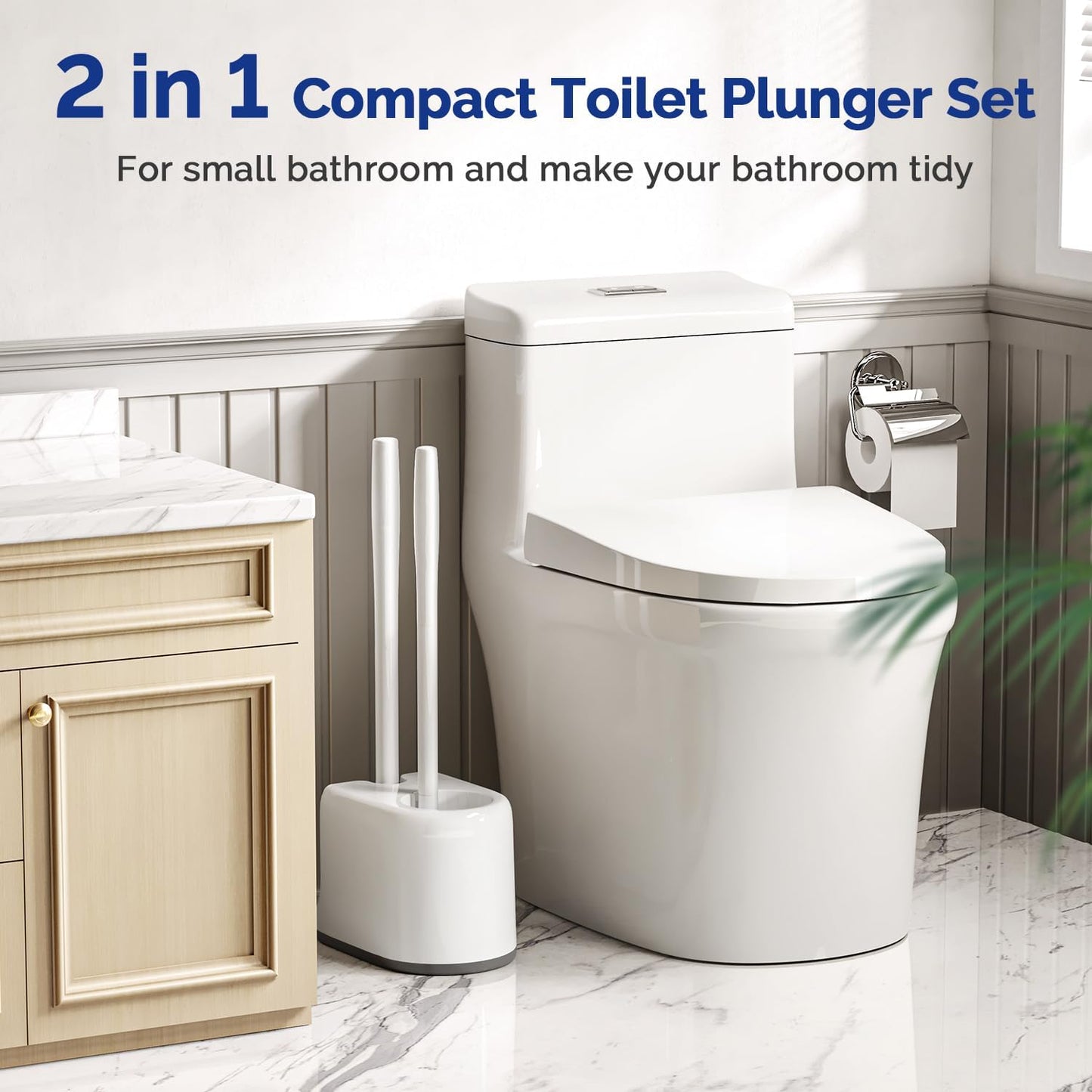 HAMITOR Toilet Plunger and Brush Set for Bathroom Cleaning with Extented Handle - Heavy Duty Toilet Plunger Combo Accessories with Caddy Stand Holder for Small Space - White,2 Sets