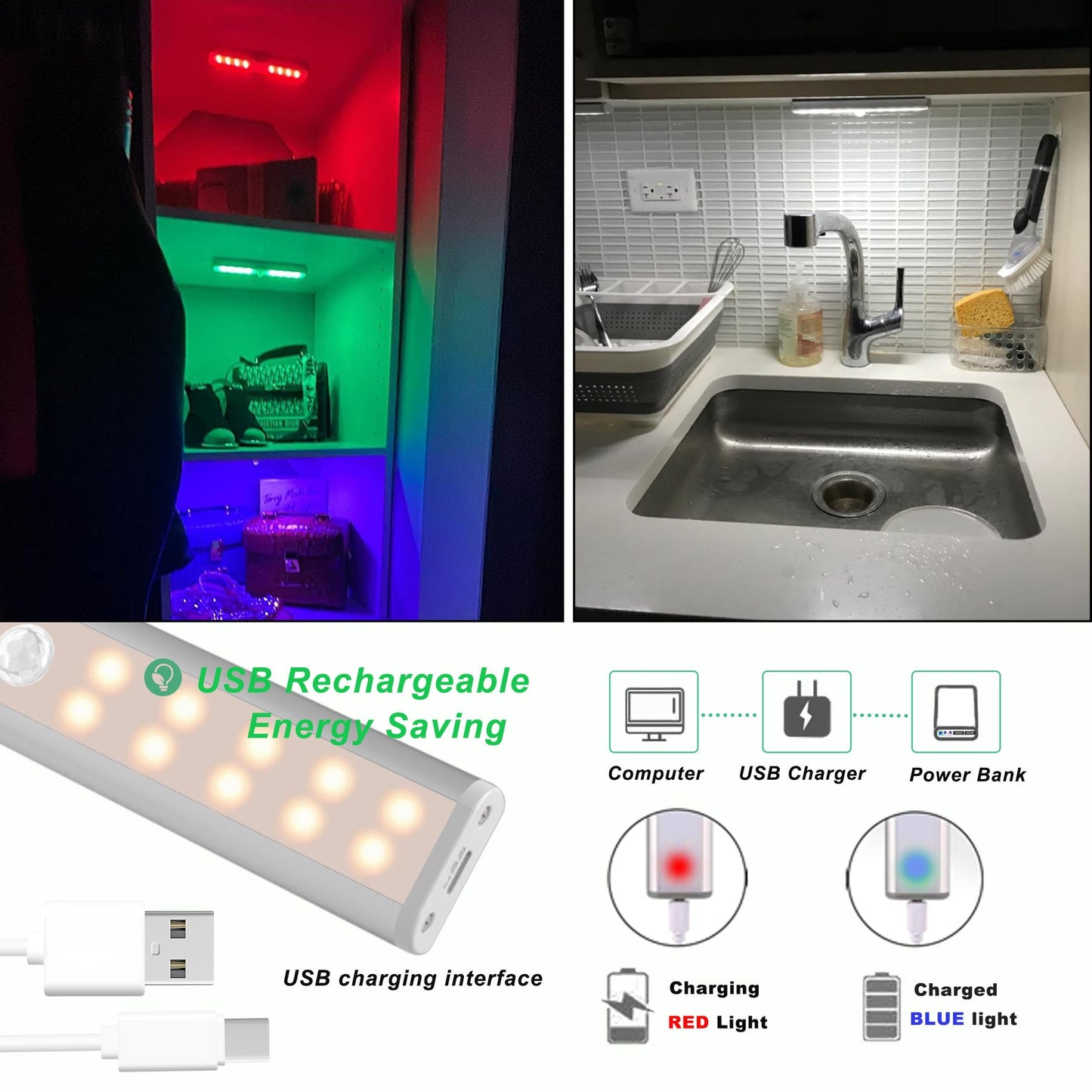 LDOPTO Under Cabinet Lighting Wireless with Remote, 48 LED Rechargeable Lights, Kitchen Counter Lights Dimmable, RGB Bar for Shelf, Car, Hallway, 15 Color Changing, 6 Pack
