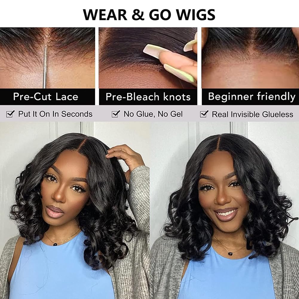5x5 Wear and Go Glueless Bob Wig Human Hair Pre Plucked Pre Cut Glueless Wigs for Black Women Body Wave Lace Front Wigs Human Hair No Glue Lace Closure Wig for Beginners 180% Density 12 Inch