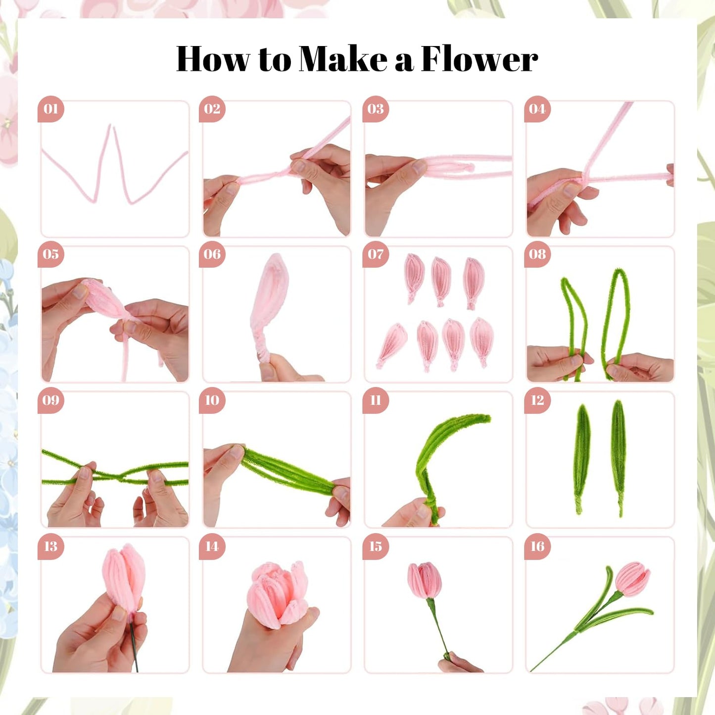 500PCS Pipe Cleaner Flower Kit,Bulk Pipe Cleaners Craft,Chenille Stems with Wrapping Paper for Valentine's Day Mother's Day Graduation Birthday