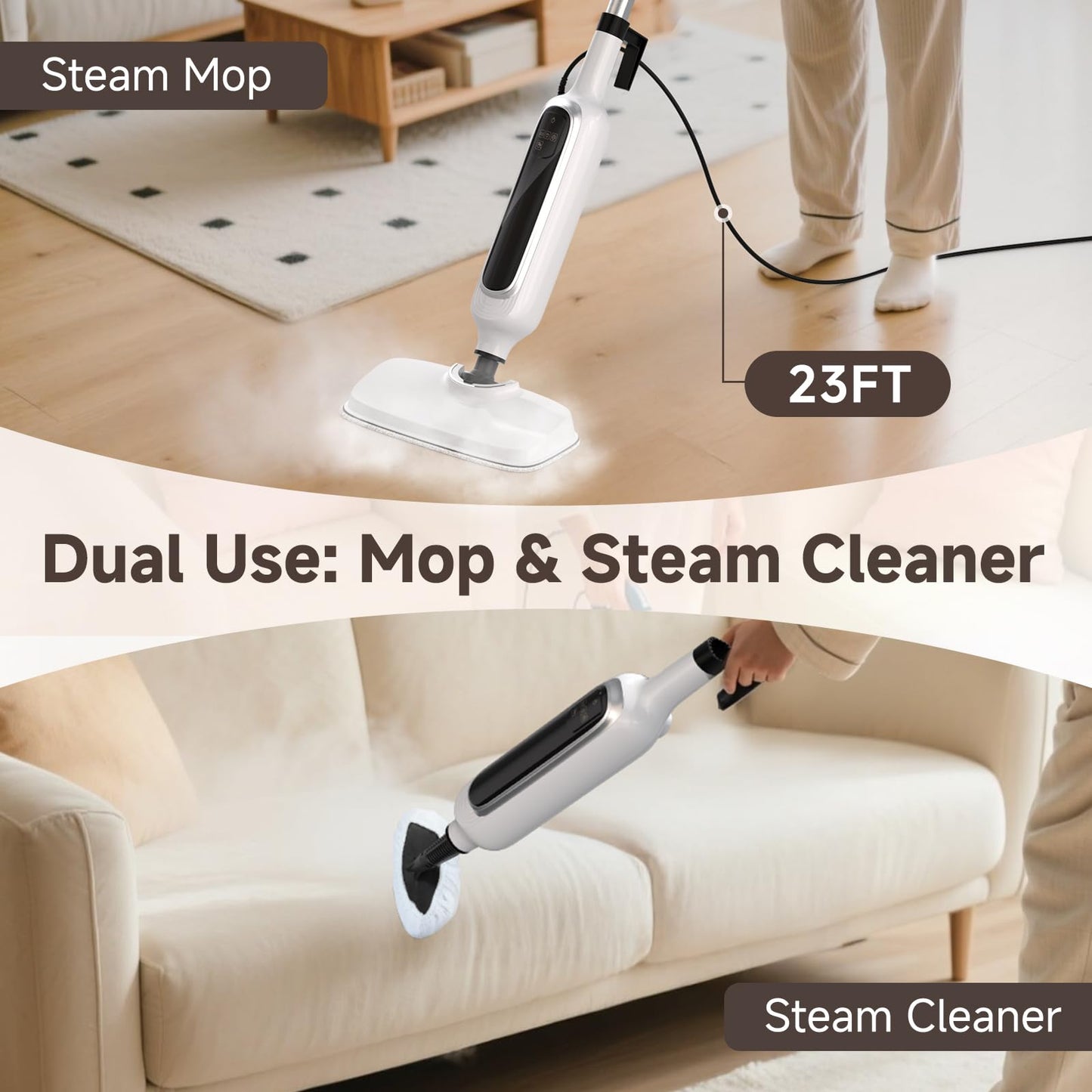 12-in-1 Steam Mop, Detachable Handheld Steam Cleaner for Home, 23FT Cord, 3 Steam Modes & LED Display, Steam Mops for Floor Cleaning, Bathroom, Windows, Sofas, Clothes, Tile Grout, Carpets, Furniture
