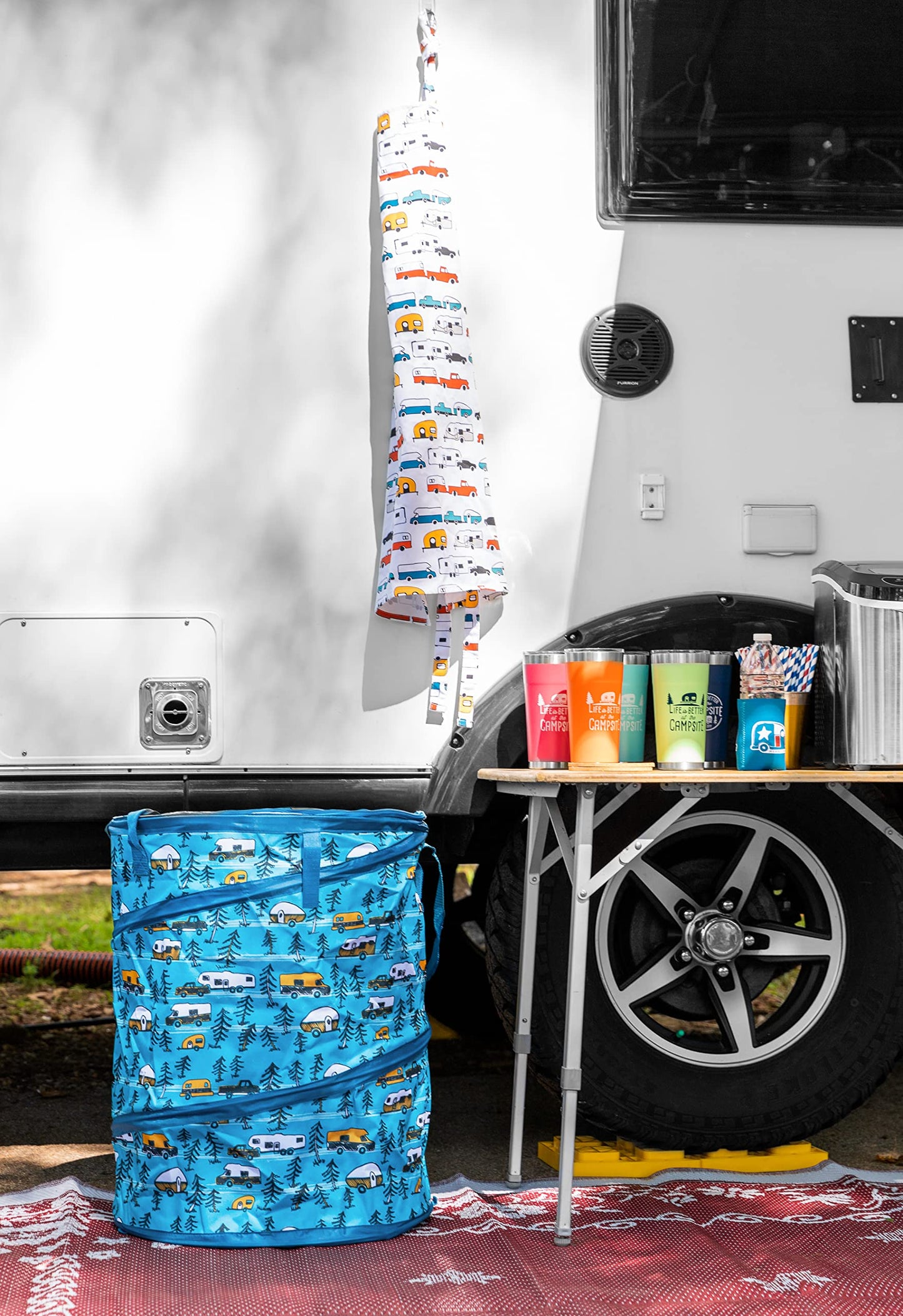 Camco Pop-Up Utility Container - Use as Collapsible Trash Can When Camping - Holds 30-Gallon Kitchen-Size Trash Bags - Stands 2-Ft Tall & Collapses for RV Storage and Organization (42990)