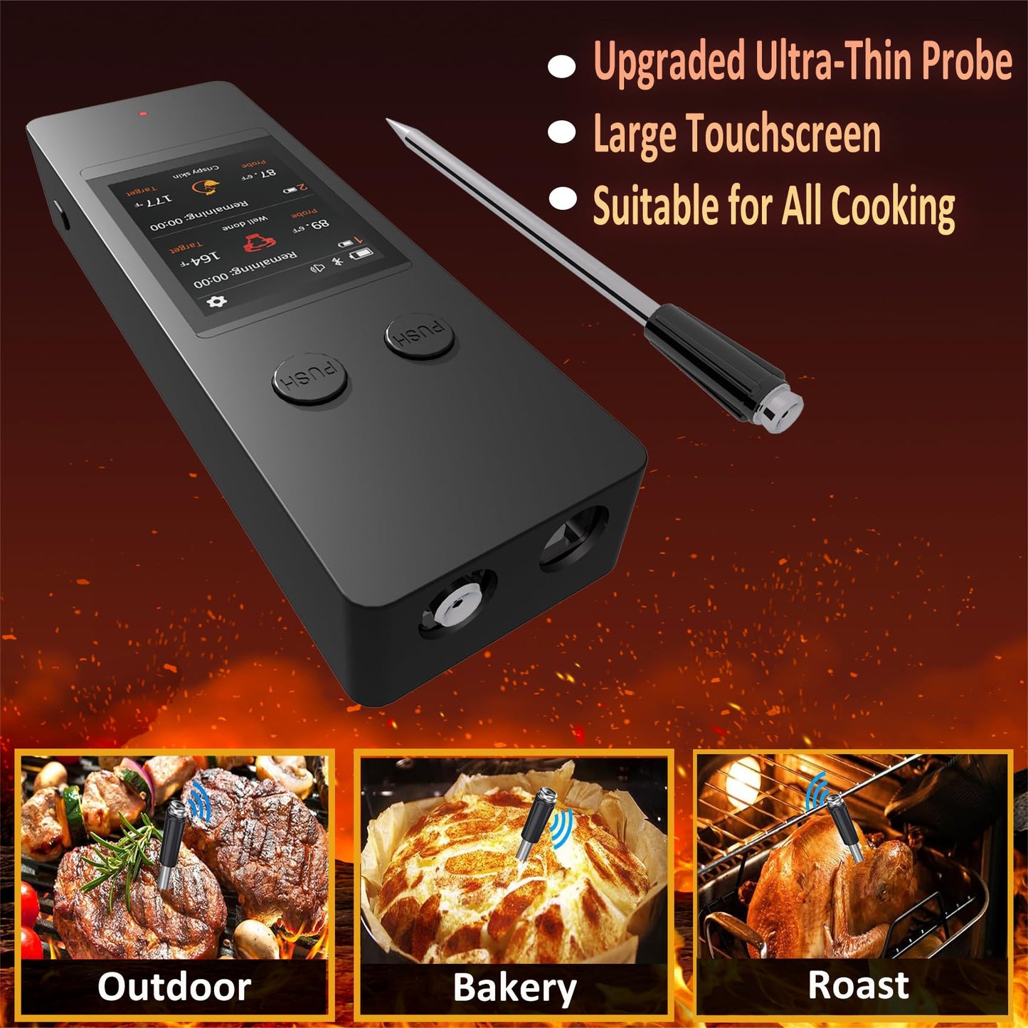 800FT Wireless Meat Thermometer Digital with 2 Upgraded Ultra-Thin Probe, Large Touchscreen, Kitchen Food Thermometer for Cooking Oven, Smoker, Rotisserie, BBQ(No App to Download)