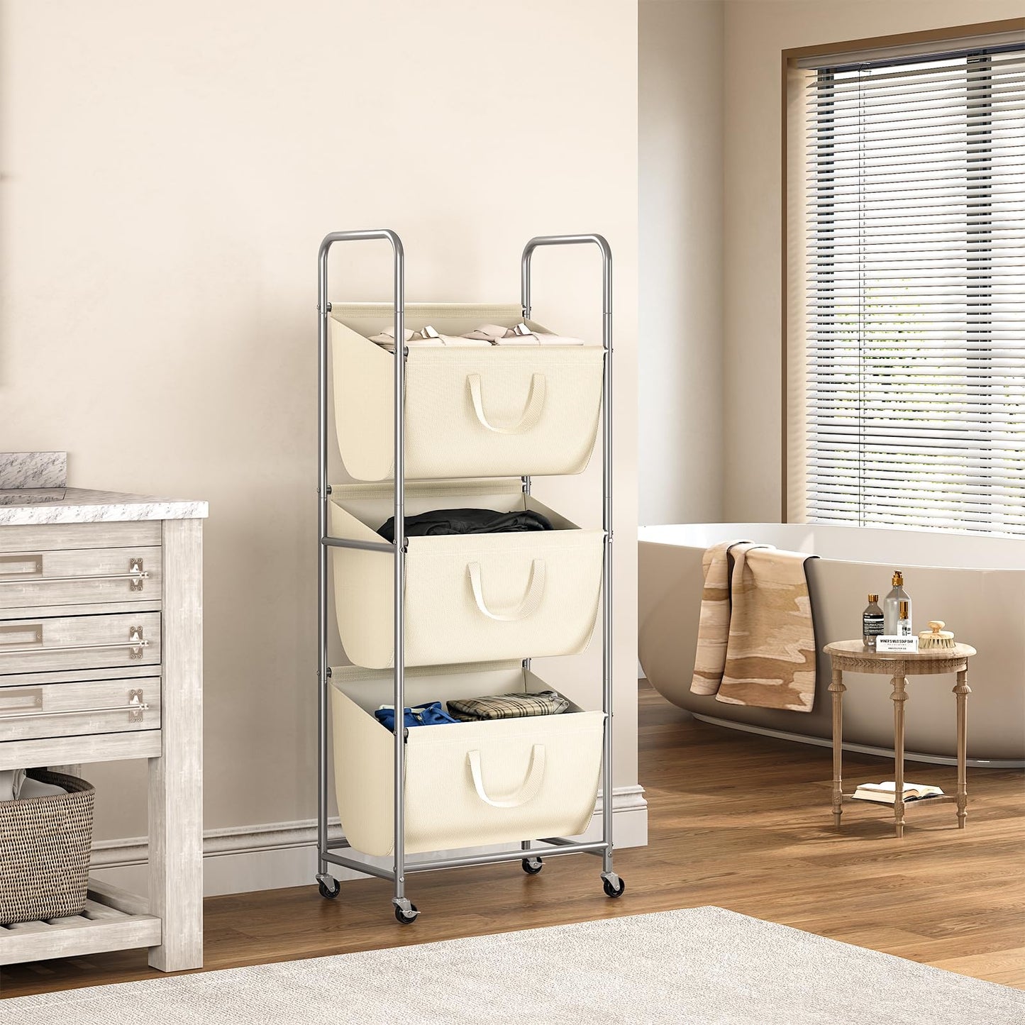 ELYKEN 120L Vertical Rolling Laundry Hamper with Removable Bags, 3 Section Laundry Baskets with Wheels, Space-Saving 3 Tier Laundry Sorter for Small Spaces, Dorm, Bedroom, Bathroom, Laundry Room