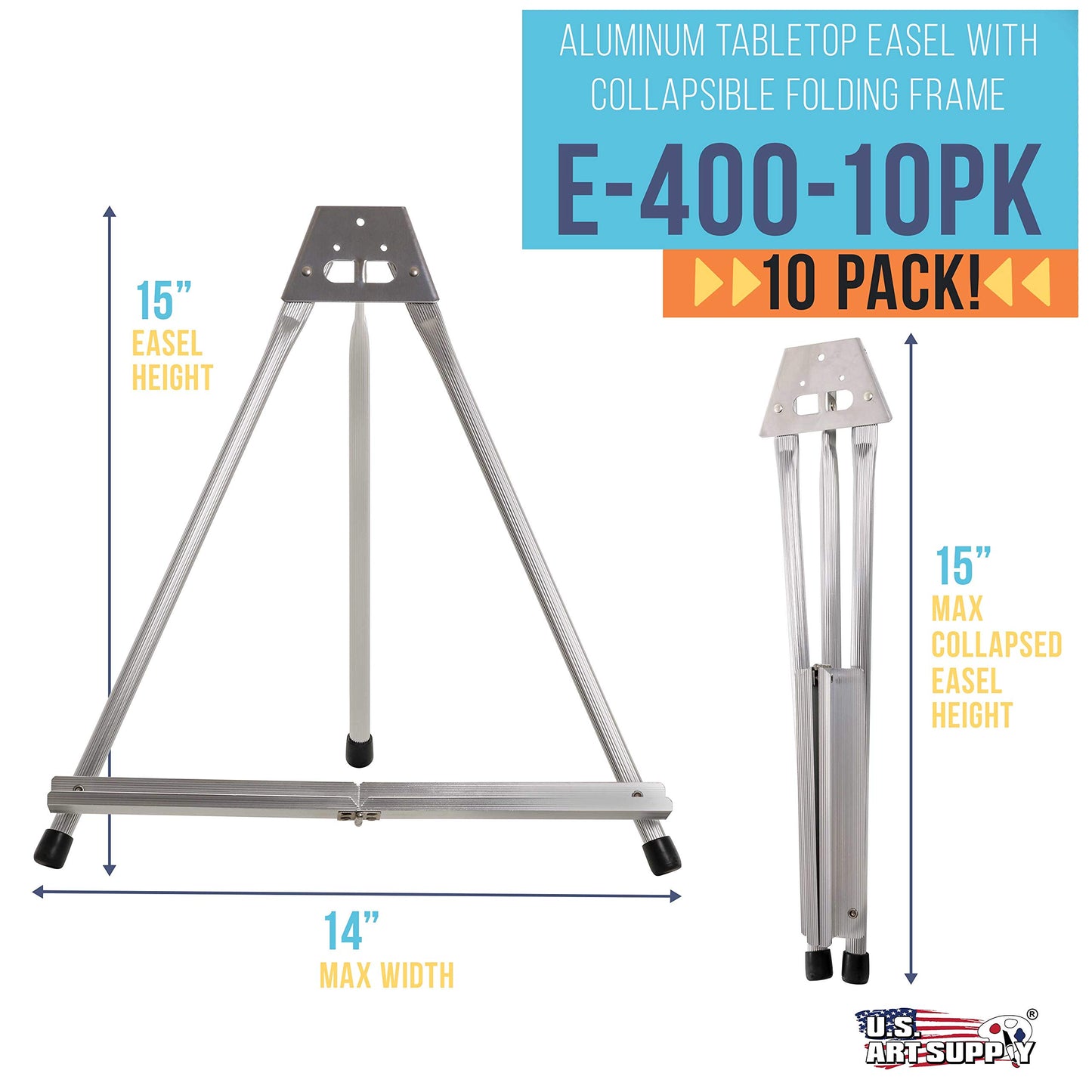 U.S. Art Supply 15" High Aluminum Tabletop Display Easel (Pack of 10) - Collapsible Folding Frame, Portable Artist Tripod Stand - Holds Canvas, Paintings, Books, Presentations, Photos, Pictures, Signs
