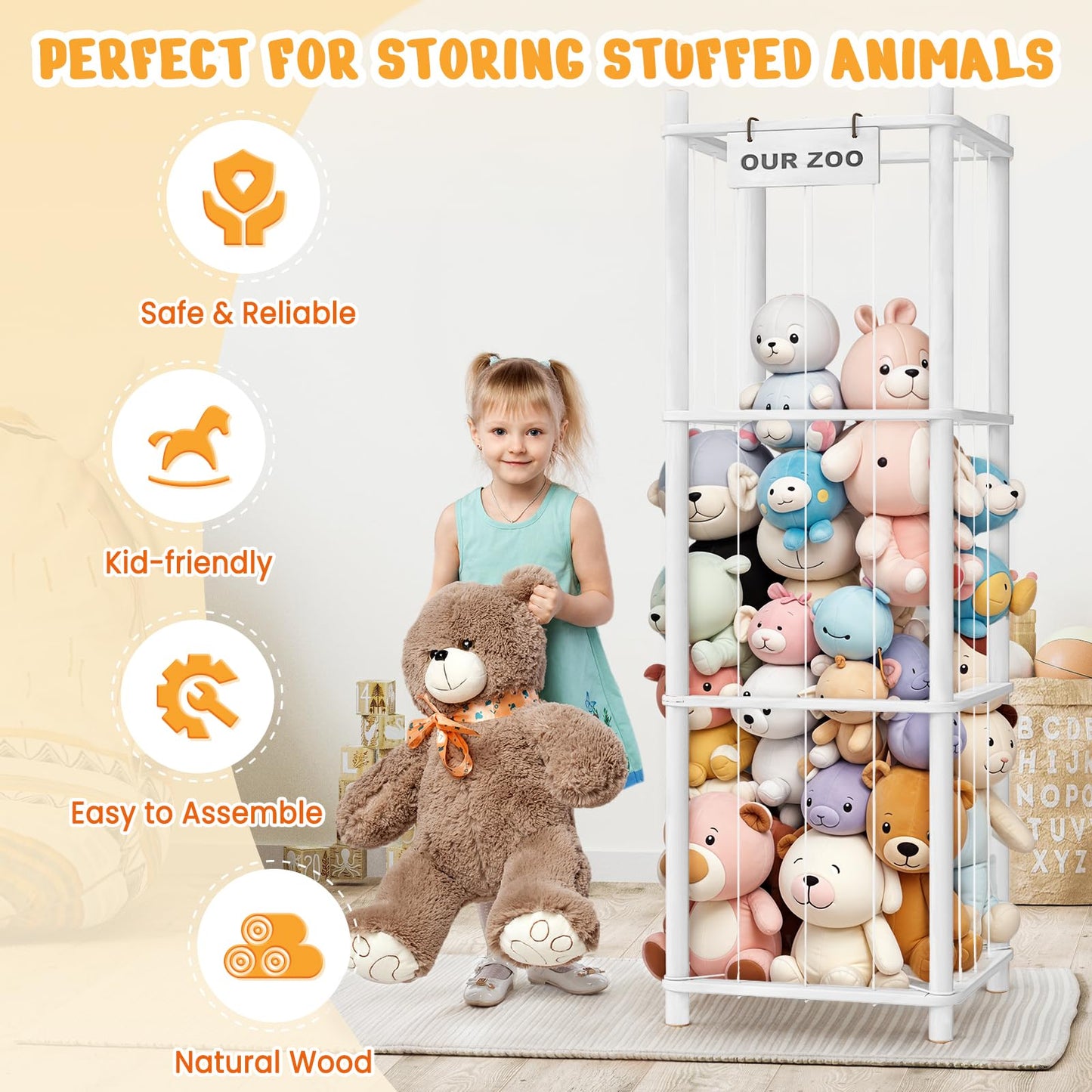 Woodure Stuffed Animal Storage & Organizer, Wooden Cute Zoo Toy Holder for Toddler Rooms, Playrooms & Bedrooms(White)