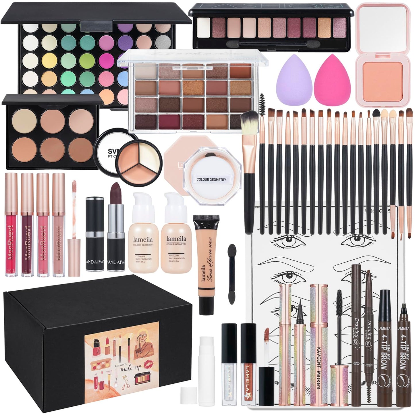 All in One Makeup Kit Makeup Kit for Women Full Kit Multipurpose Makeup ,eyeshadow、 liquid foundation,Loose powder,Eyebrow pencil,4-color lip gloss set