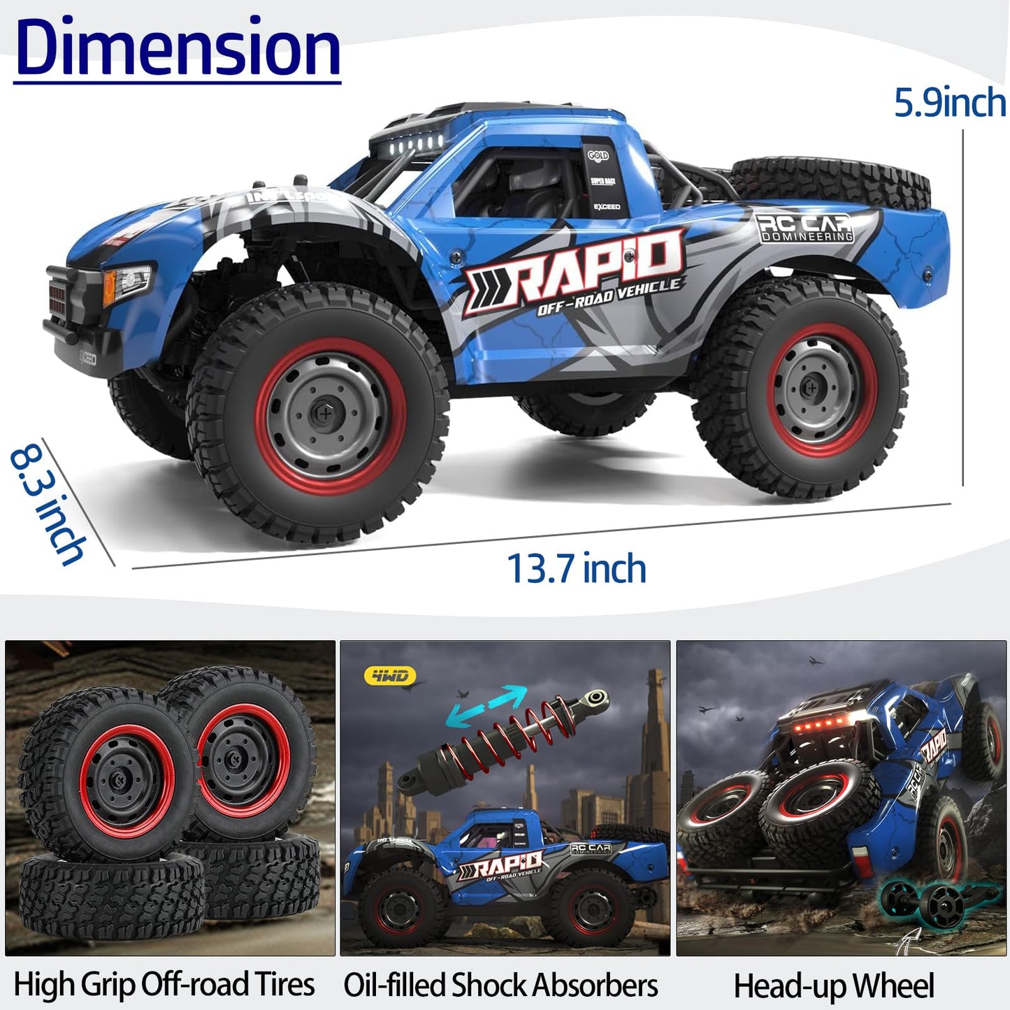 Yidedraw RC Cars 1:14 RC Truck 30 MPH 4WD Remote Control Car All Terrain Trophy Car for Adults Boys Toys Fast Off-Road RC Buggy Big Short Course Monster Truck with 2 Batteries (RTR)