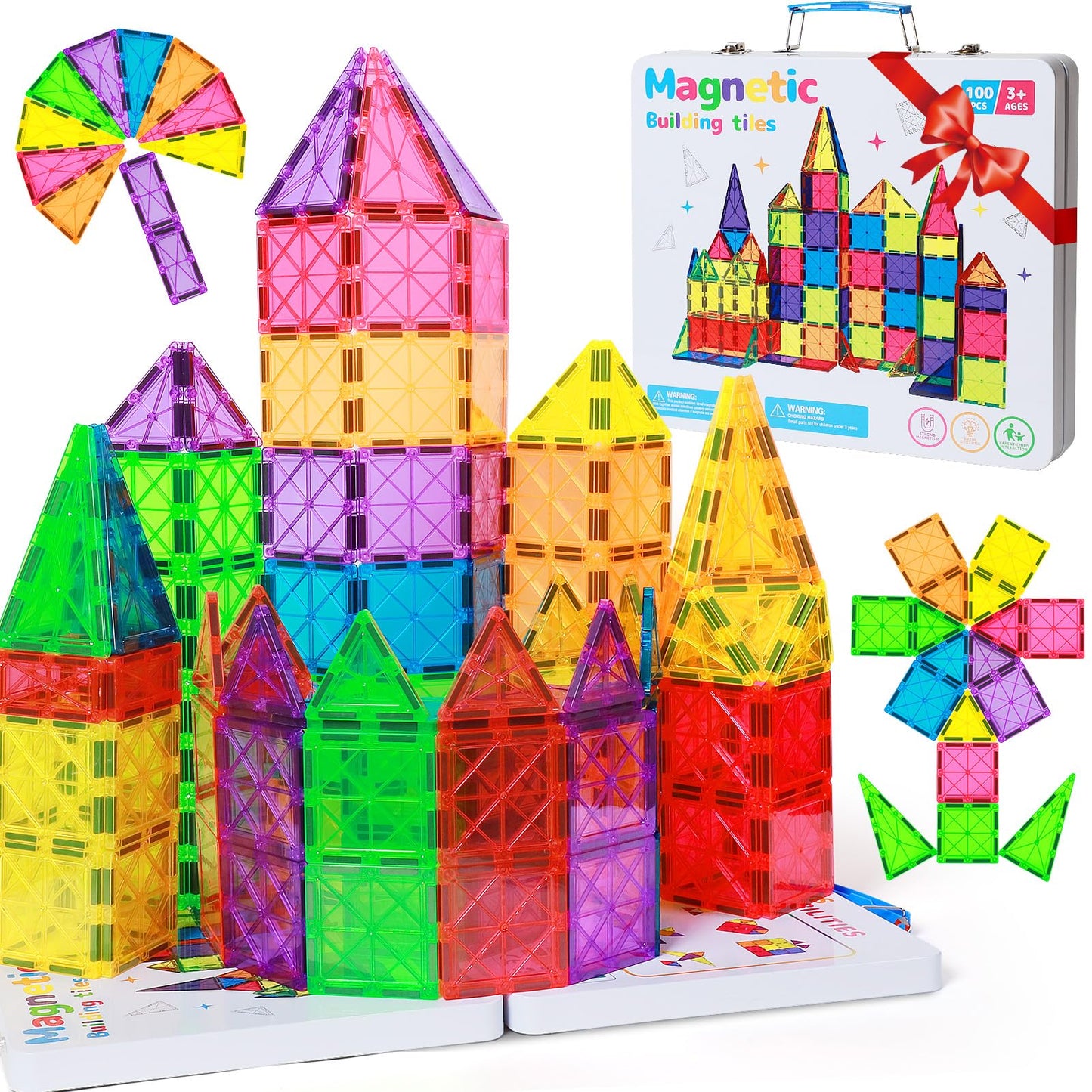 100-Piece Premium Magnetic Tiles Set with Luxury Metal Case, Jumbo Magnetic Building Blocks for Kids Ages 3-5 4-8, STEM Educational Toys, Montessori Sensory Toys, Ideal Gift for Toddler Boys & Girls