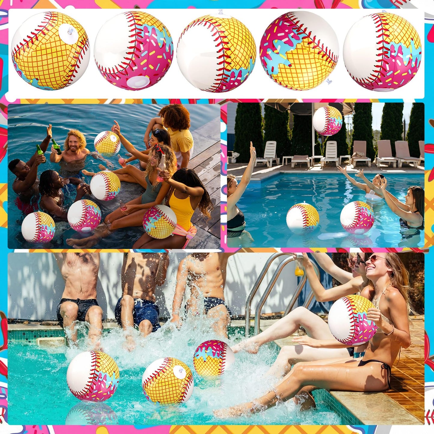 Civaner 12 Pcs Ice Cream Drip Baseball Themed Beach Ball 7.87" Bulk Summer Pool and Beach Game Gifts for Summer Ice Cream Baseball Party