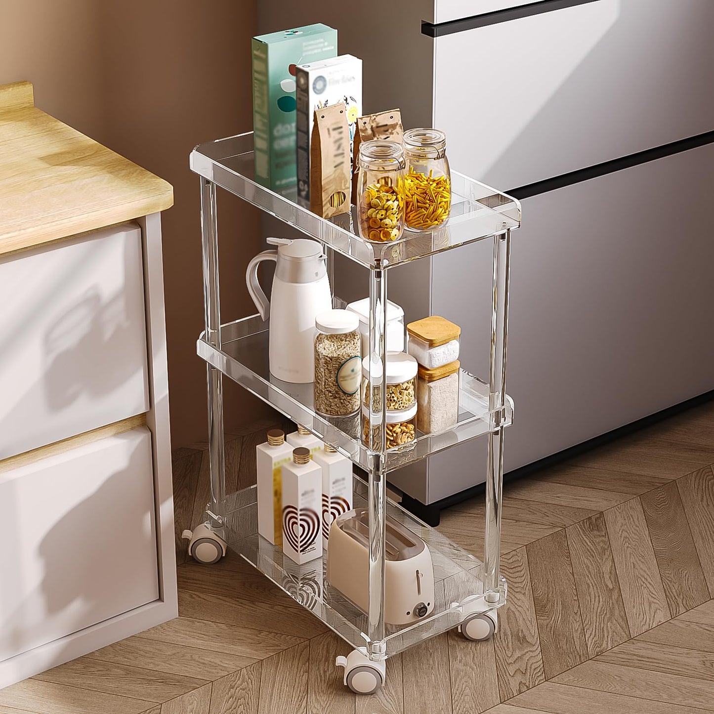 Aquiver Acrylic Slim Storage Cart - 3 Tier Utility Rolling Cart - for Kitchen, Bathroom, Living Room, Laundry, Narrow Places - 15.6'' L x 8.7'' W x 23.6'' H