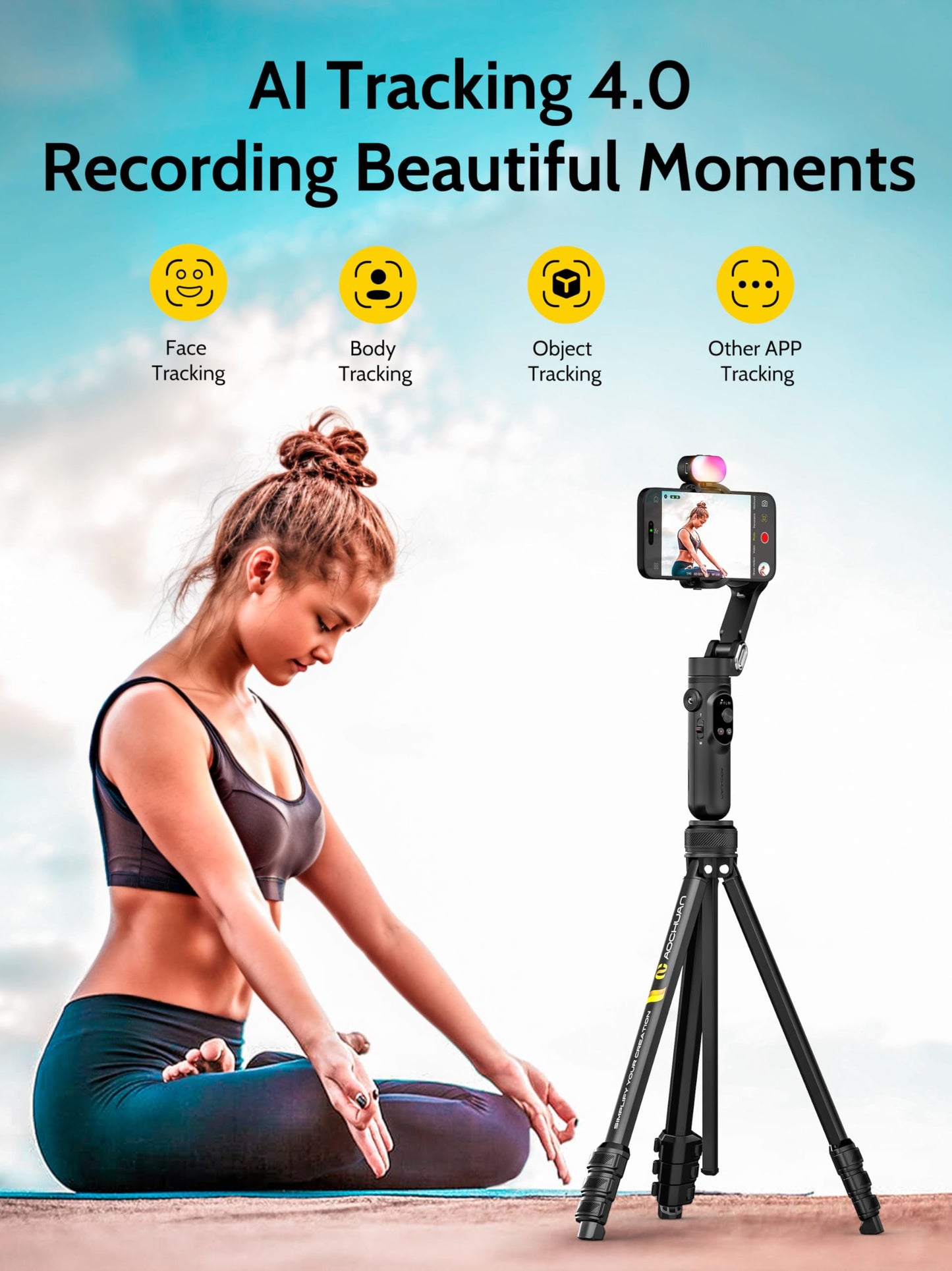 AOCHUAN 3-Axis Gimbal Stabilizer for iPhone & Android w/RGB Light, Handheld Phone Gimbal for Video Recording w/AI Tracking,1/4 Thread, Extendable Tripod, Padded Carry Bag(Smart X Complete Combo1)