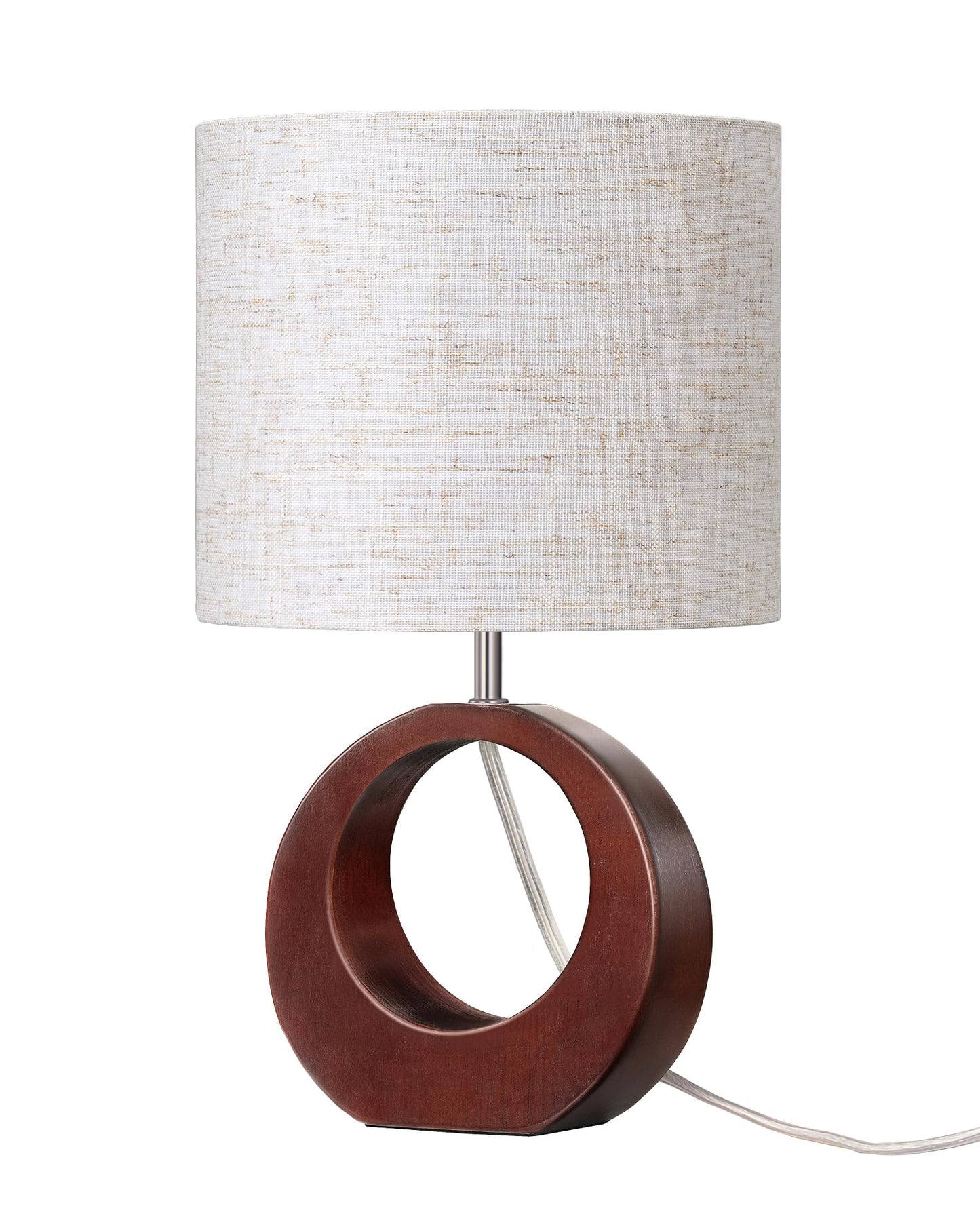 EDISHINE 13.4" Samll Wood Table Lamp, Modern Bedside Lamp with Beige Linen Lampshade & ON-Off Switch, E26 Base, Nightstand Lamp for Living Room, Bedroom, Dark Walnut