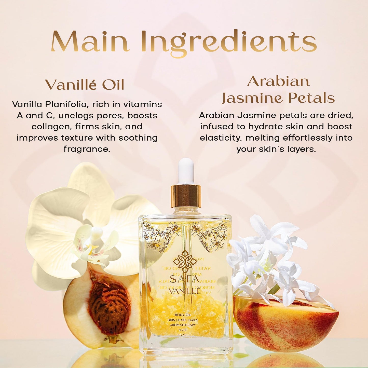 SAFA Vanillé Oil - Organic Oil for Face, Body, Hair, Nails & Aromatherapy | Vanilla Extract & Jasmine Petals - Essential Oil for Diffusers | After Shower Body Oil | Skin Moisturiser (4 Fl Oz)
