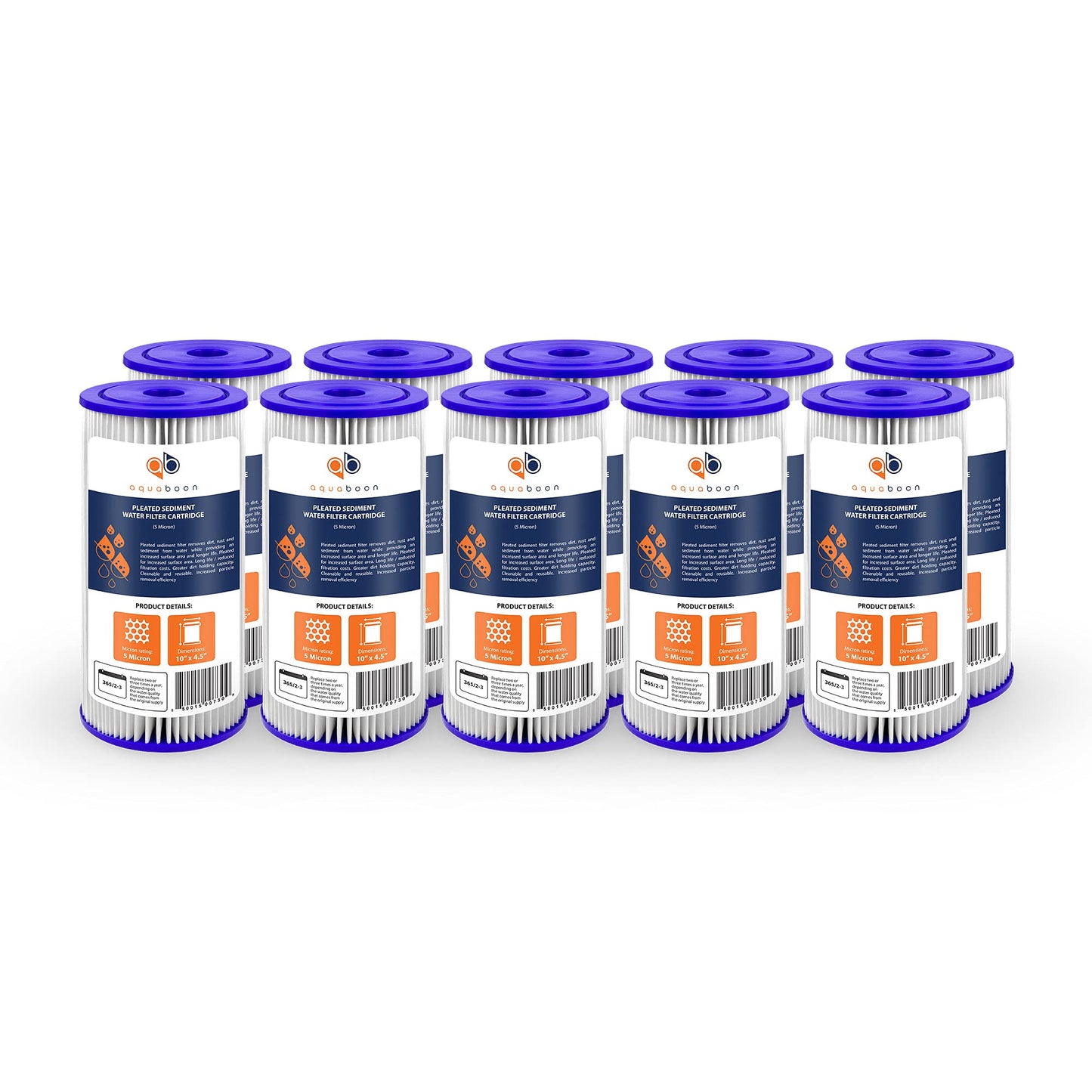 Aquaboon 5 Micron Pleated Sediment Water Filter 10 x 4.5 Cartridge - Whole House Water Filter Replacement - Whole House Water Filters Cartridges Compatible with Well Filters FXHSC, R50-BBSA, 10-Pack