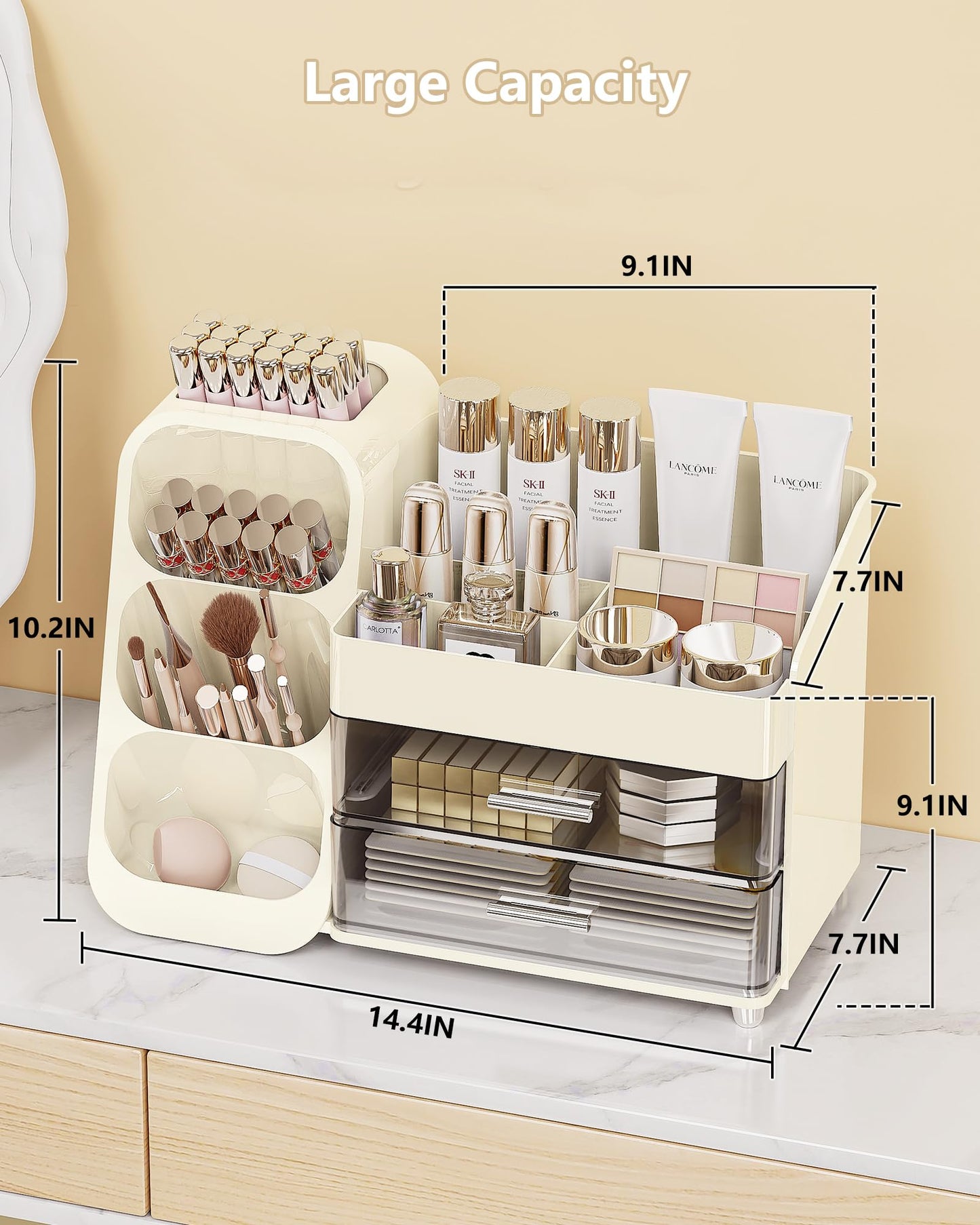 Anylady Makeup Organizer with Drawers, Skincare Organizer (Large Size Thick), Storage Box Cosmetic Display Cases, Make up Organizers for Vanity, Dresser, Desk, Kitchen, Countertop (cream)
