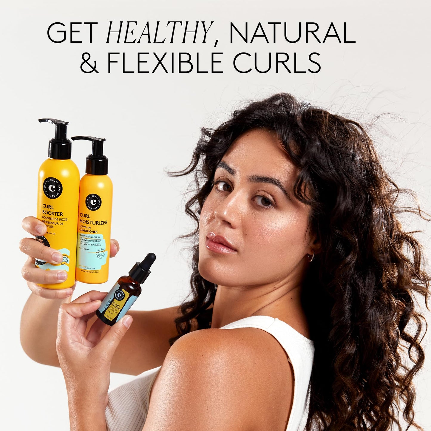 COCUNAT - Shiny Curls Plan - Moisturizer Leave In + Curl Booster + Argan Oil Serum - Curly Method - Curly Hair Gel - Moisturises, Detangles, Nourishes - Frizz Control - 250ml +150ml + 30ml