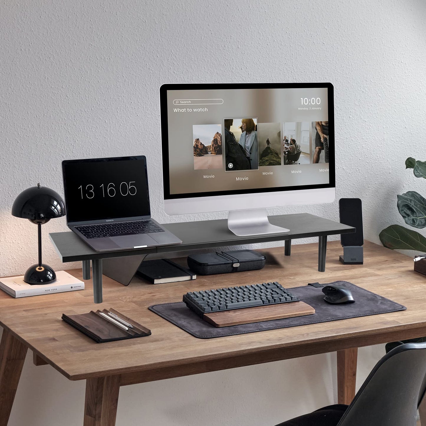 Across-Star Dual-Monitor-Stand-Riser-For-Desk Adjustable Length 32-40 Inch,Large Desktop Computer Monitor Riser For 2 Screens,Desk Shelf Organizer Riser Stand For Computer/Laptop/PC/Printer/TV Black