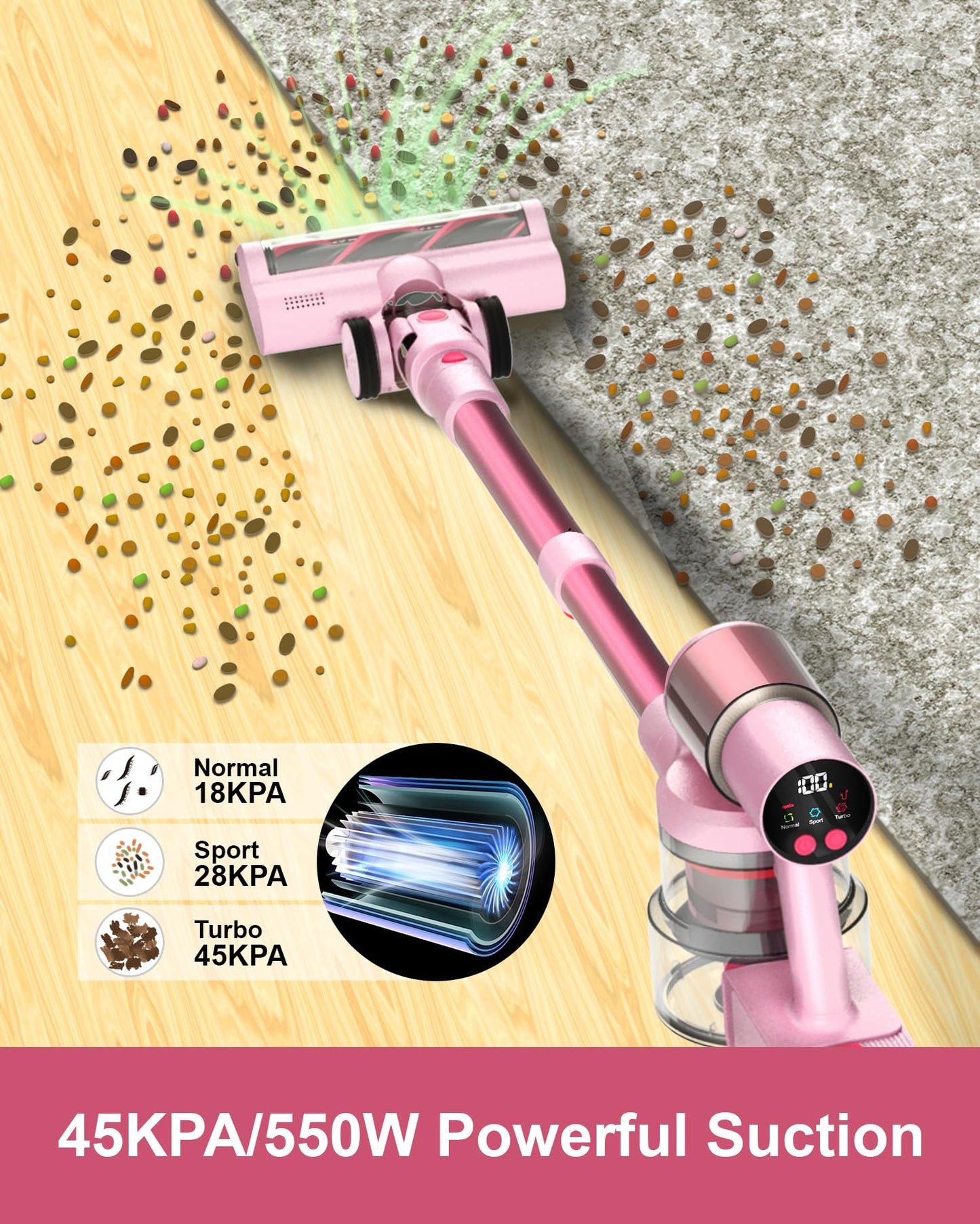 AOKOAK Pink Cordless Vacuum Cleaner, 45Kpa/550W/60 Mins Runtime Stick Vacuum with Self-Standing and Touch Screen, Anti-Tangle Wireless Vacumm, Vacuum Cleaners for Home/Pet Hair/Carpets/Floors