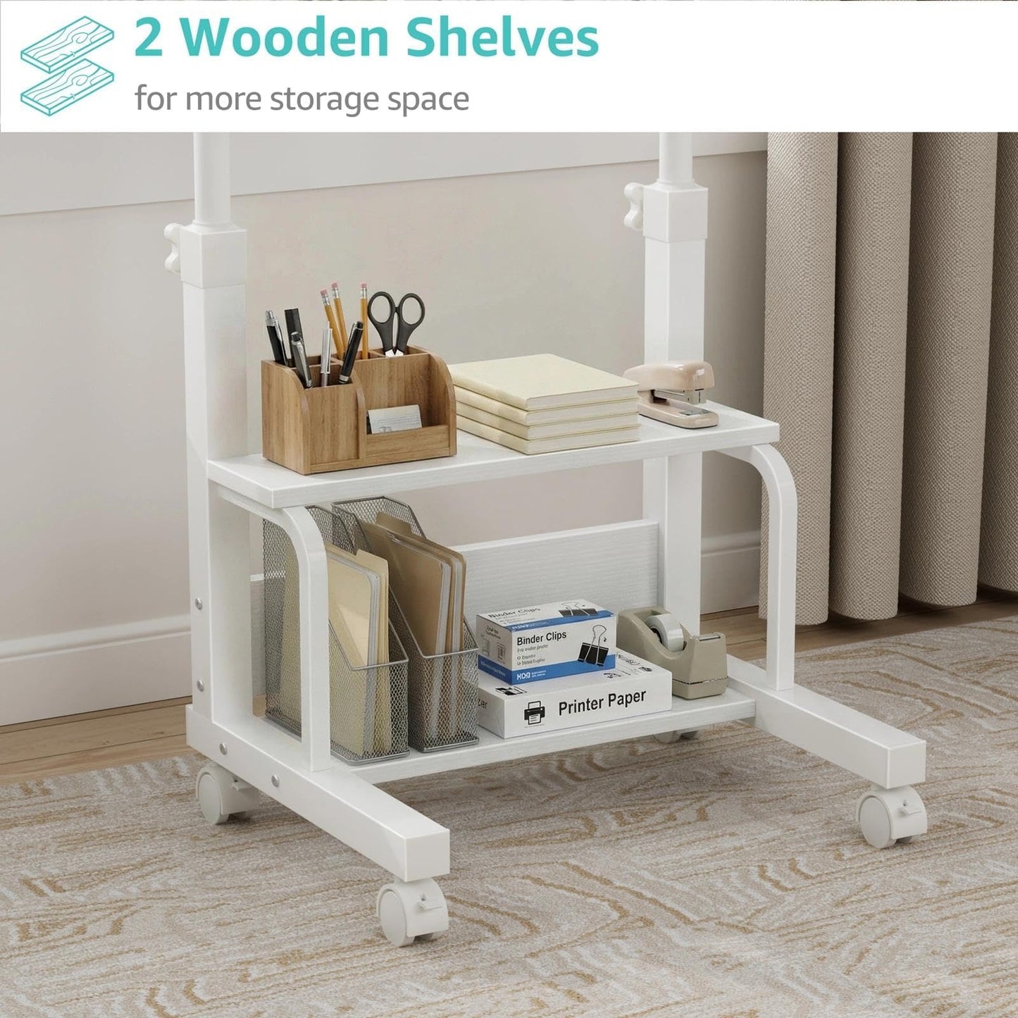 WINAZ Small Bedroom Laptop Rolling Desk - 24" White Mobile Kids Desk with Wheels for Small Spaces, Height Adjustable C Shaped Side Table with 2-Tier Storage Shelves