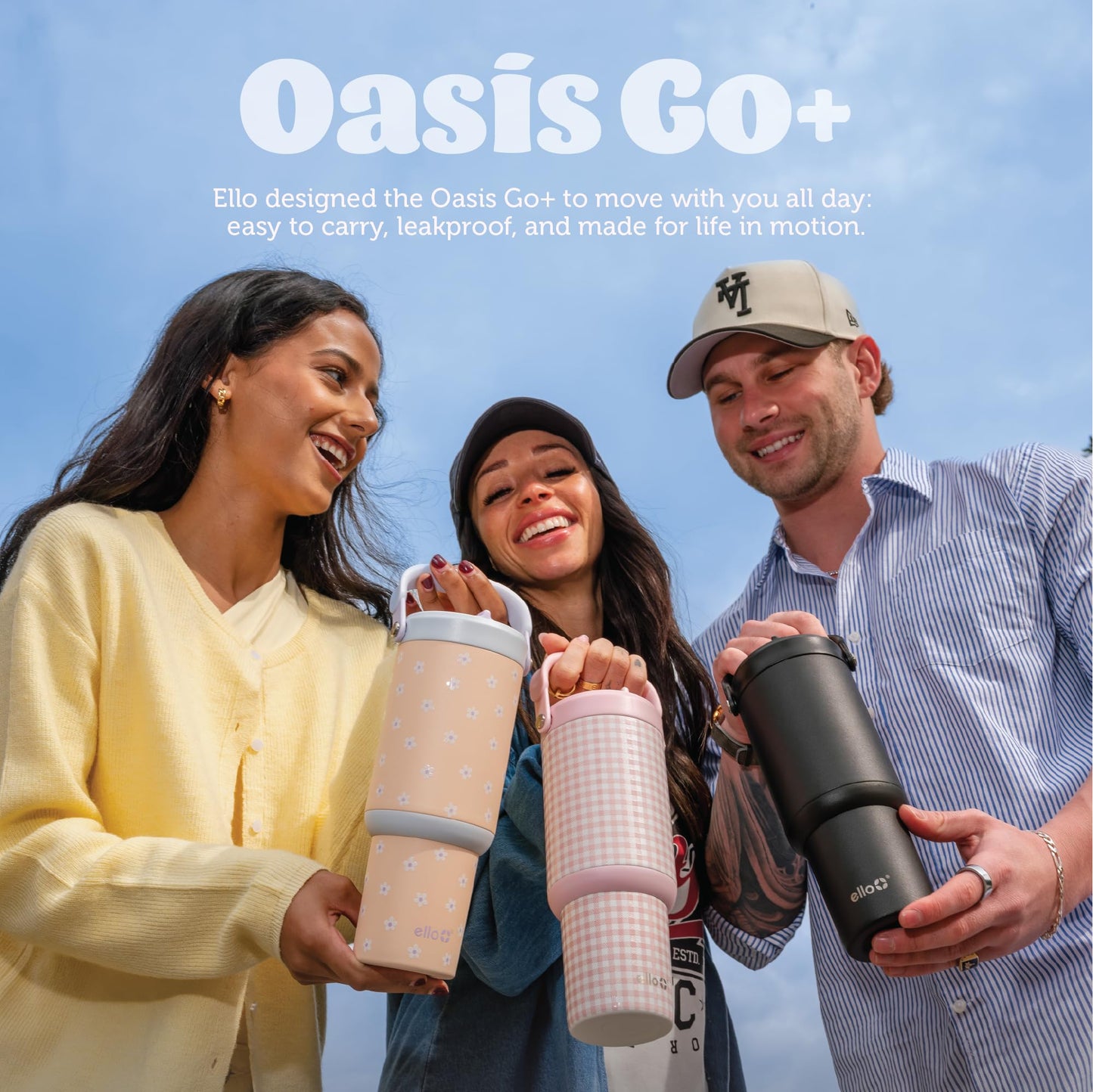 Ello Oasis Go+ 32oz Tumbler with Top Handle and Retracting Straw | Reusable Insulated Stainless Steel Cup, 100% Leakproof Water Bottle, 24 Hours Cold, Cup Holder Friendly For Travel | Pink Gingham