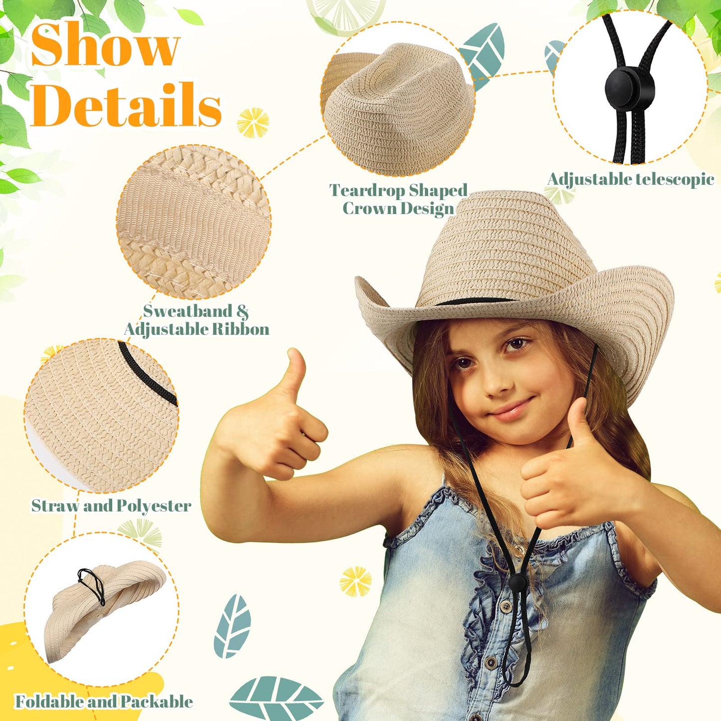 48 Pcs Kids Cowboy Hat Bulk Western Party Straw Cowboy Cowgirl Sun Hat Set with Lanyard for Children Boy Girl Party Costume Accessories