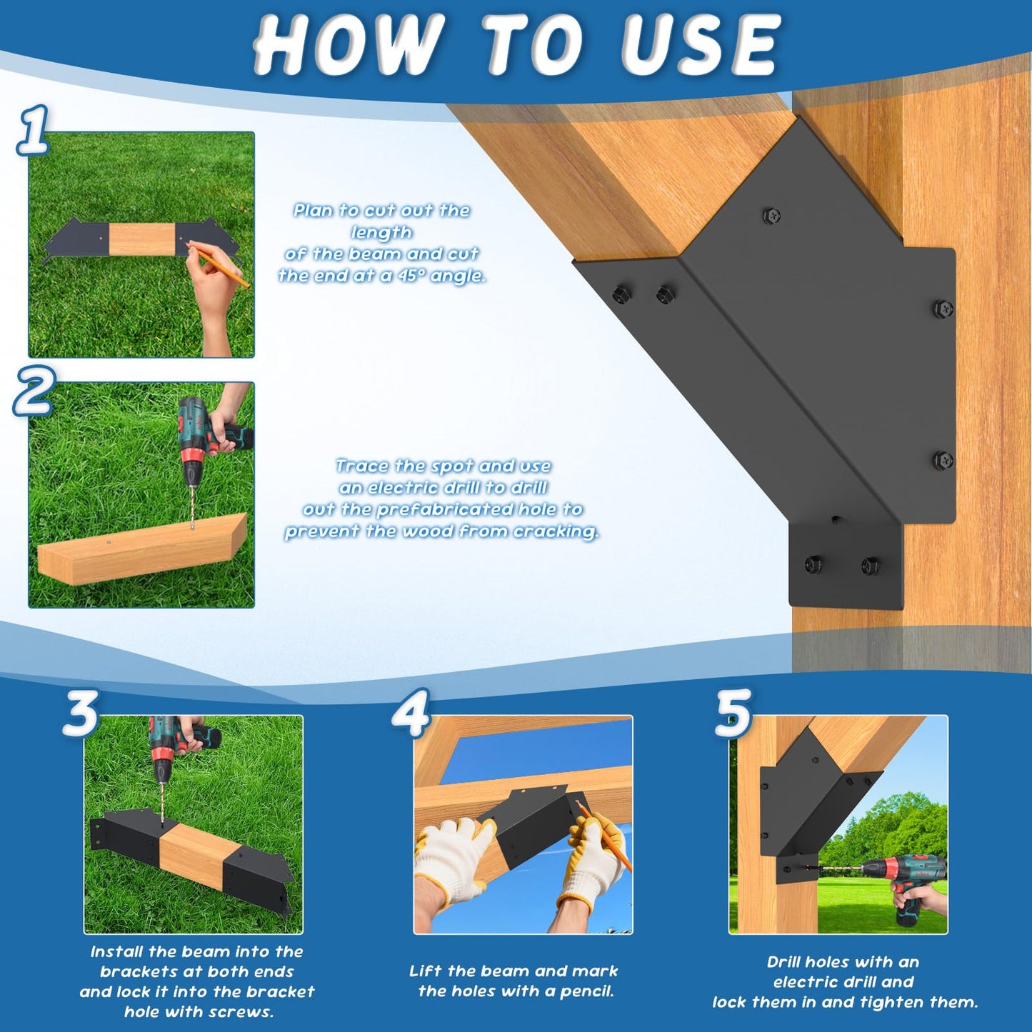 8 Pcs Pergola Brackets, 45-Degree Angle Bracket,4x4 (Actual 3.6‘’x3.6‘’) Corner Support Brackets, Pergola Kit for Gazebo, Deck Porch, Trellis Support Bracket Kit (Black).