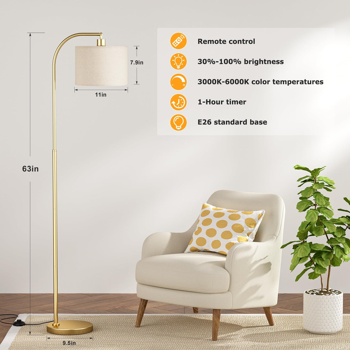 Arc Floor Lamp with Remote and Stepless Dimmable Bulb, Colors Temperature & Brightness Adjustable, Gold Floor Lamps for Living Room(Deep Beige Shade & Gold Pole)