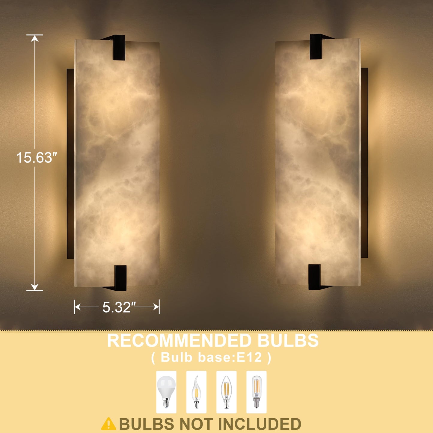 2 Pack 2 Light 15.63" Natural Square Alabaster Marble Bathroom Wall Sconce Modern Concise Style Wall Light Fixture,Black Finish for Bedroom Hallway Bedside Living Room