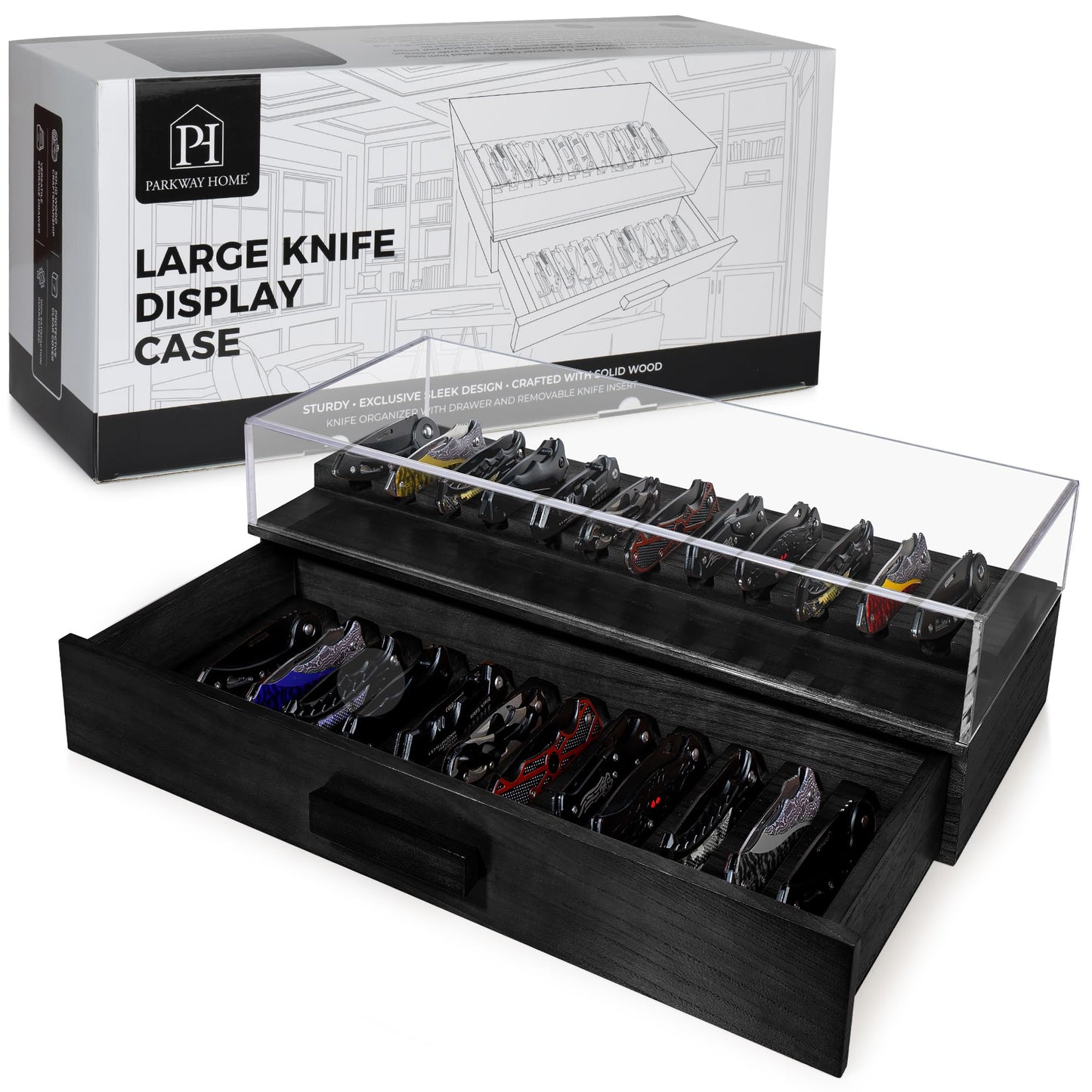 Large Black Pocket Knife Display Case – Wooden Pocket Knife Case Box for 24 Knives with Sturdy Clear Cover – Large Knife Storage Organizer and Knife Cases for Collections with EDC Drawer, Knife Box