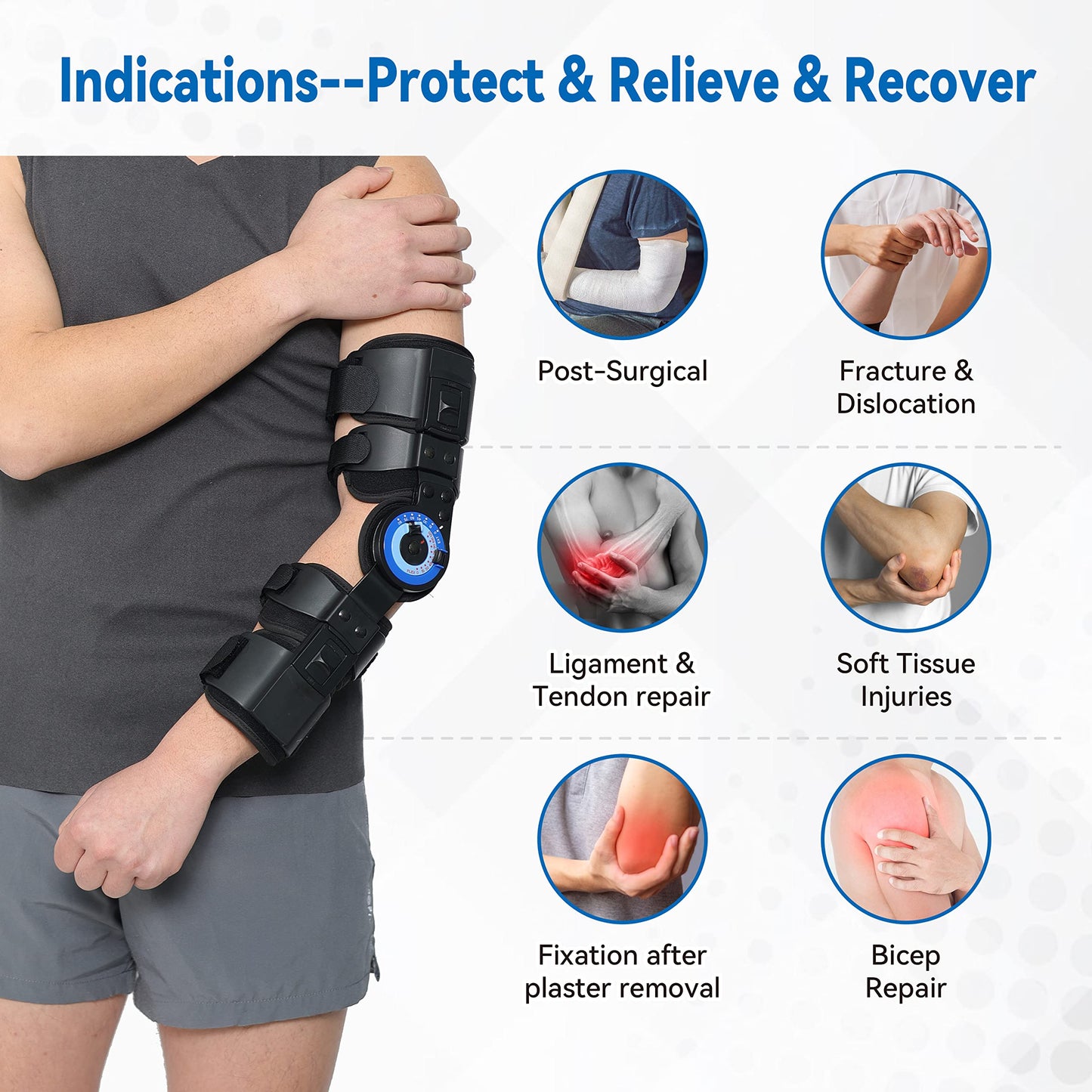 Orthomen Hinged ROM Elbow Brace Stabilizer, Adjustable Post OP Arm Support Splint for Surgery Recovery, Fracture & Dislocation, 10°-15° Incremental Control, Universal Fit Men and Women (Right)