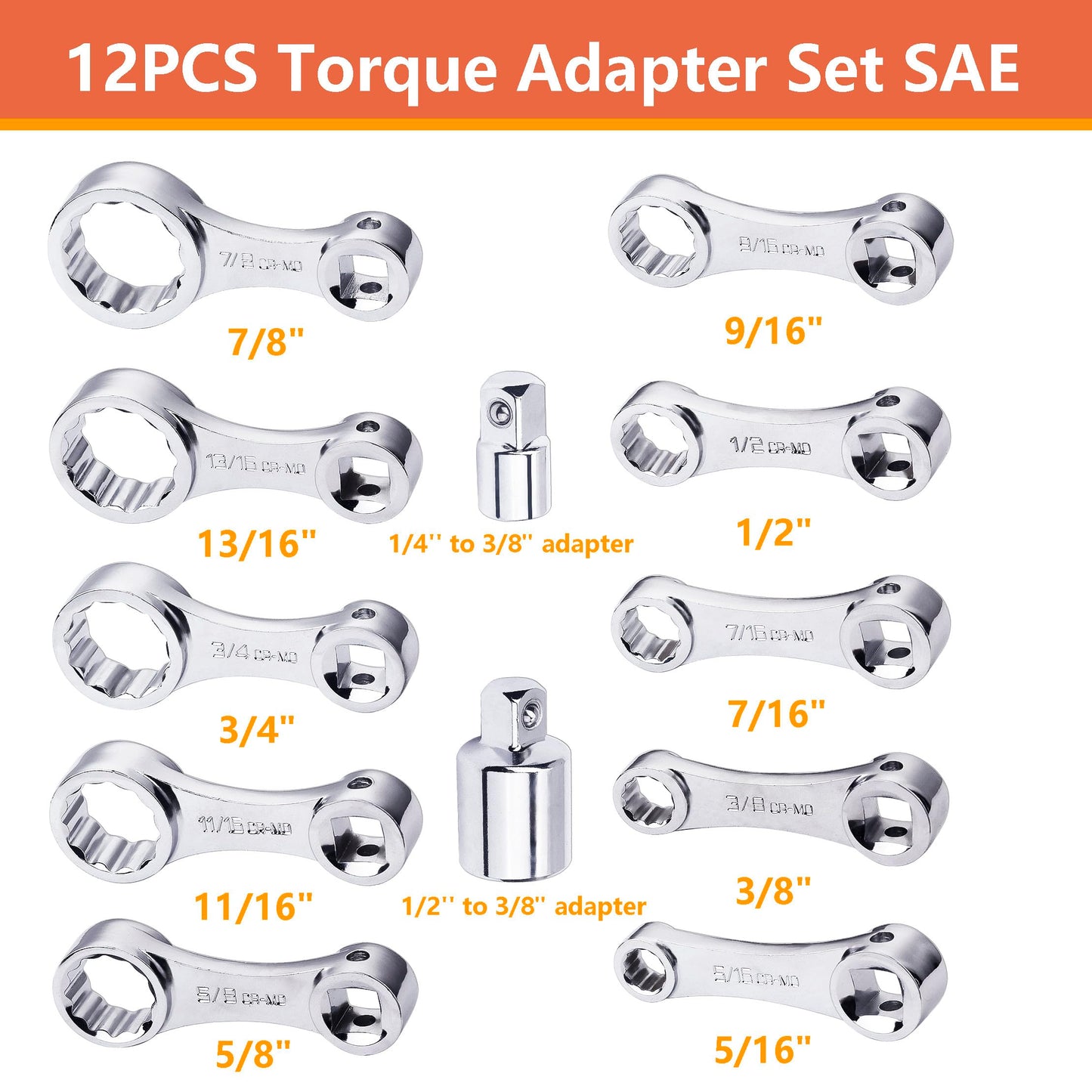 WINTOWIN 12-Piece SAE 12-Point Box End Torque Adapter Extension Set,3/8" Torque Wrench Adapter with 5/16", 3/8", 7/16", 1/2", 9/16", 5/8", 11/16", 3/4", 13/16", 7/8"