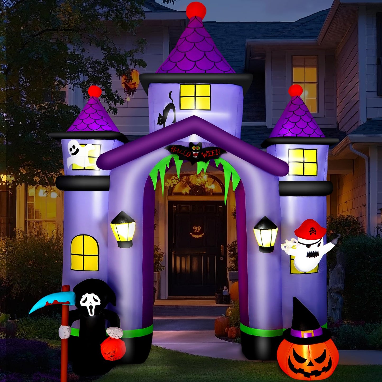 Alupssuc 11.6FT Halloween Inflatable Arch Outdoor Decoration with Built-in LEDs Lights, Large Blow Up Purple Castle Archway with Ghost & Pumpkin for Outside/Indoor Xmas,Yard,Garden,Lawn,Holiday Decor